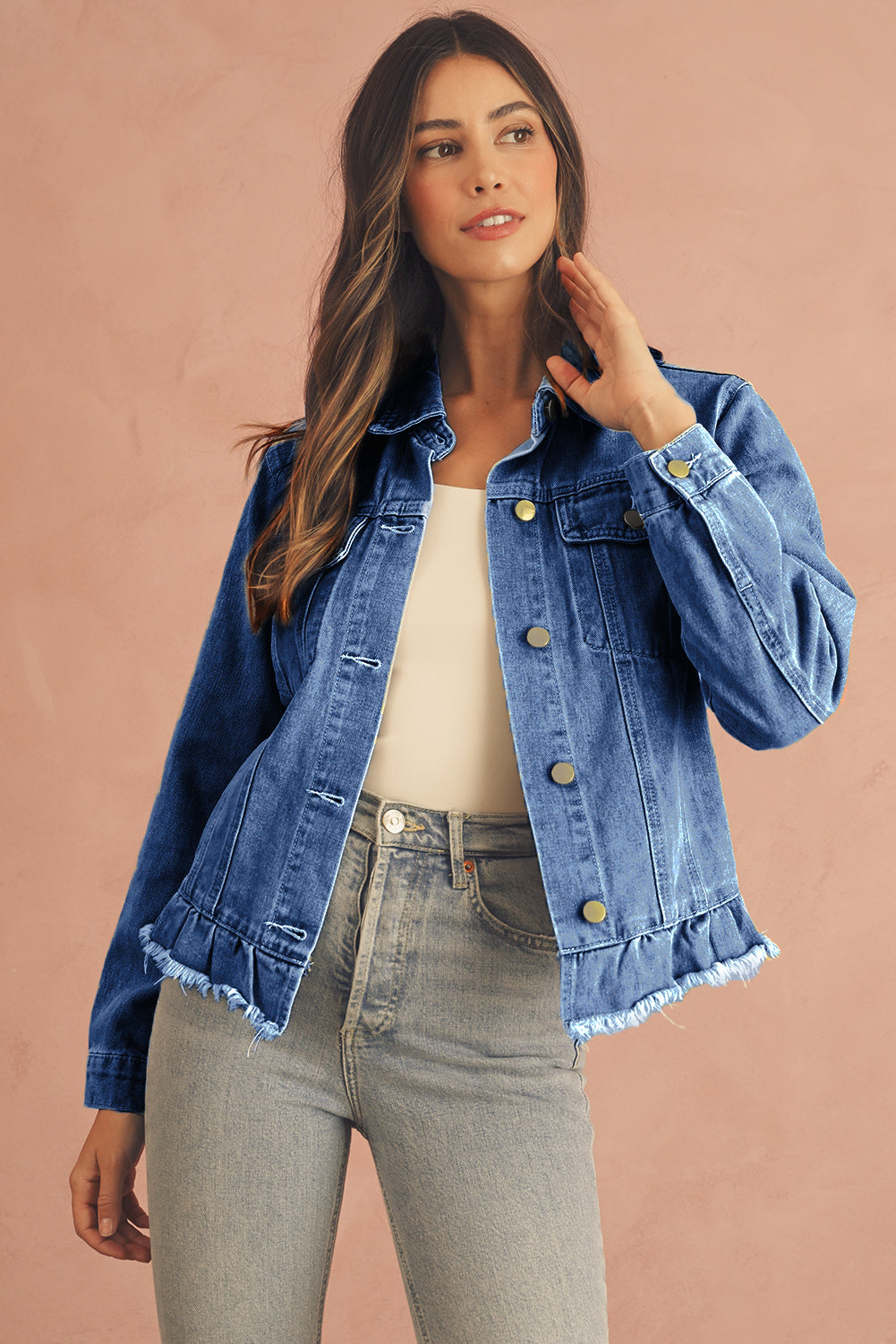 Navy Blue Ruffle Raw Hem Flap Pockets Denim Jacket