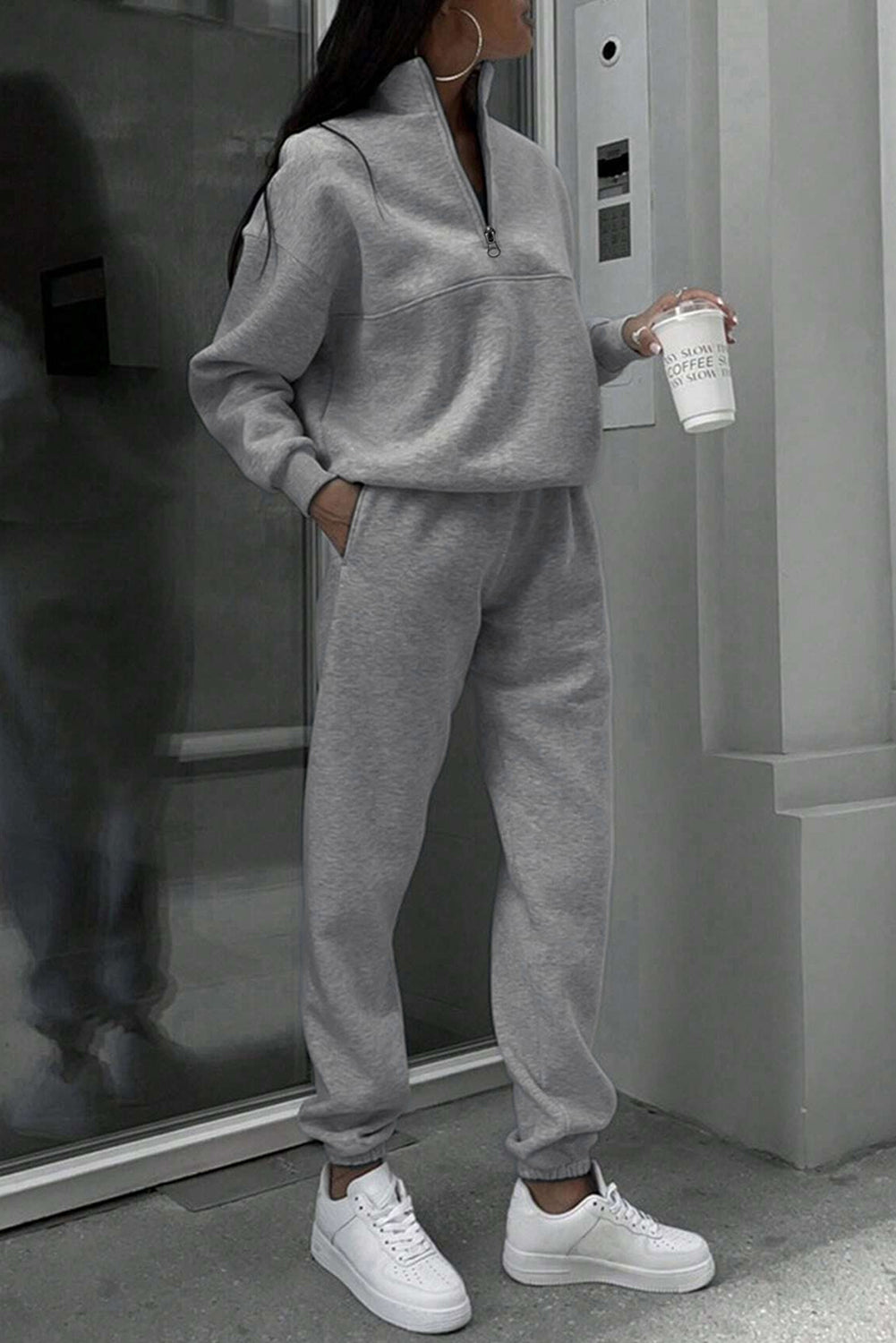 Light Grey Half Zip Drop Shoulder Sweatshirt And Sweatpants Two Piece Set