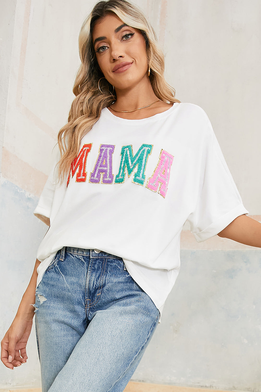 White MAMA Chenille Patched Crew Neck T Shirt