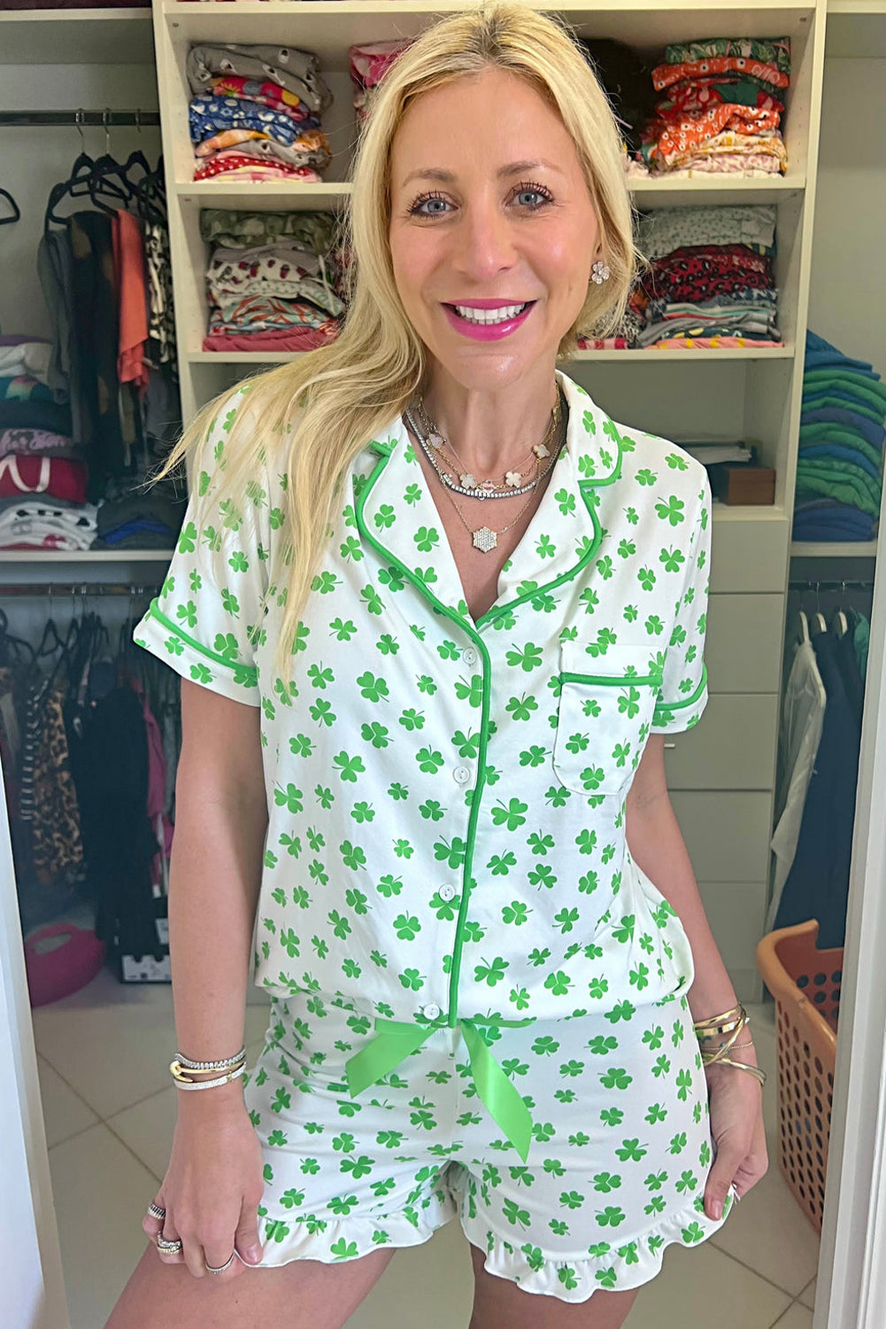 Green St Patricks Day Clover Print Shirt and Ruffle Hem Shorts Pajama Set