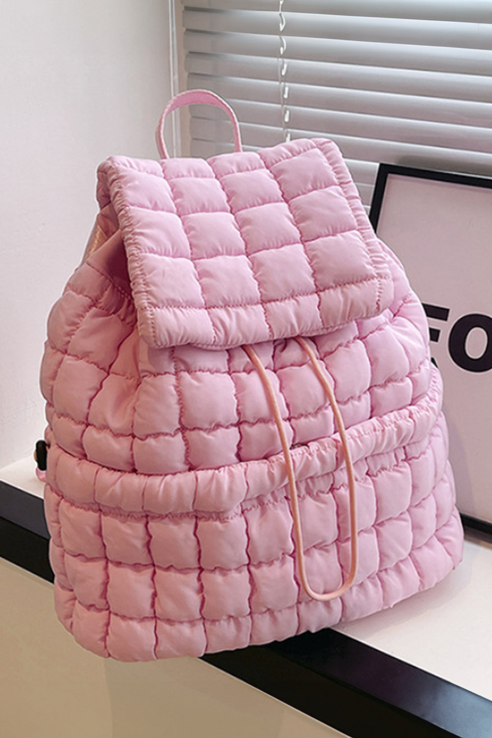 Coffee Solid Flapped Quilted Puffer Backpack