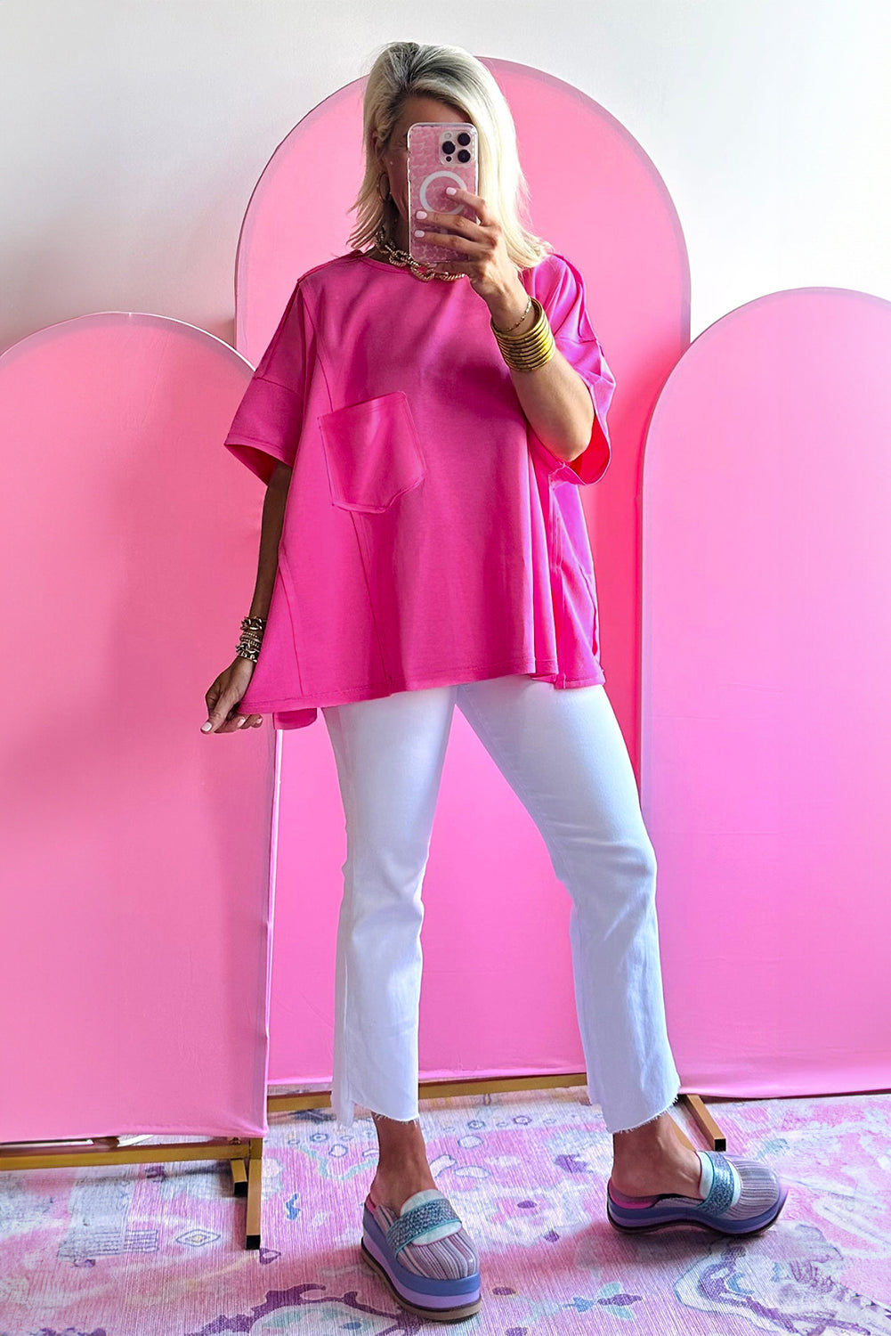 Bright Pink Patched Pocket Exposed Seam Oversized T Shirt