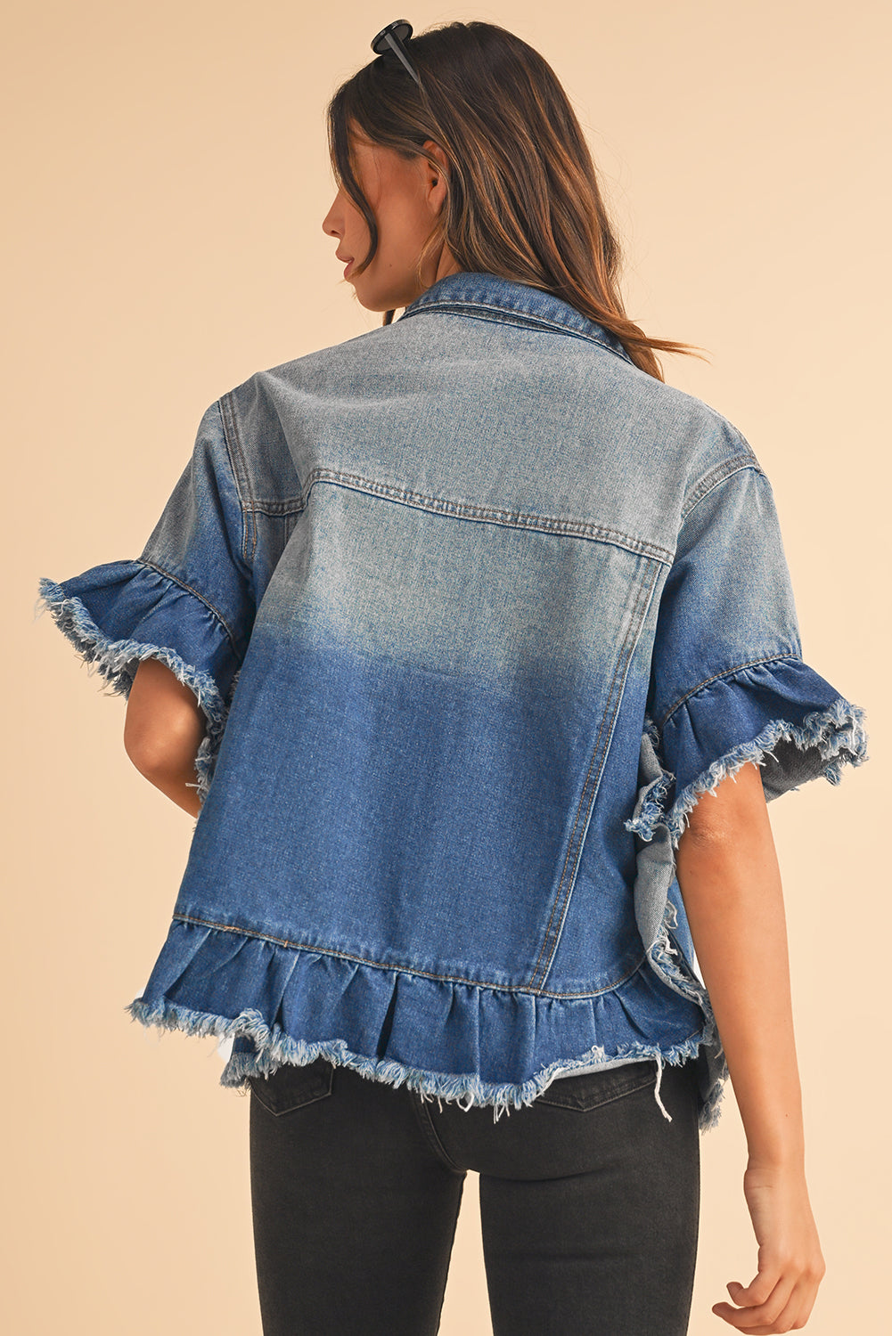 Peacock Blue Raw Edge Bell Short Sleeve Denim Jacket