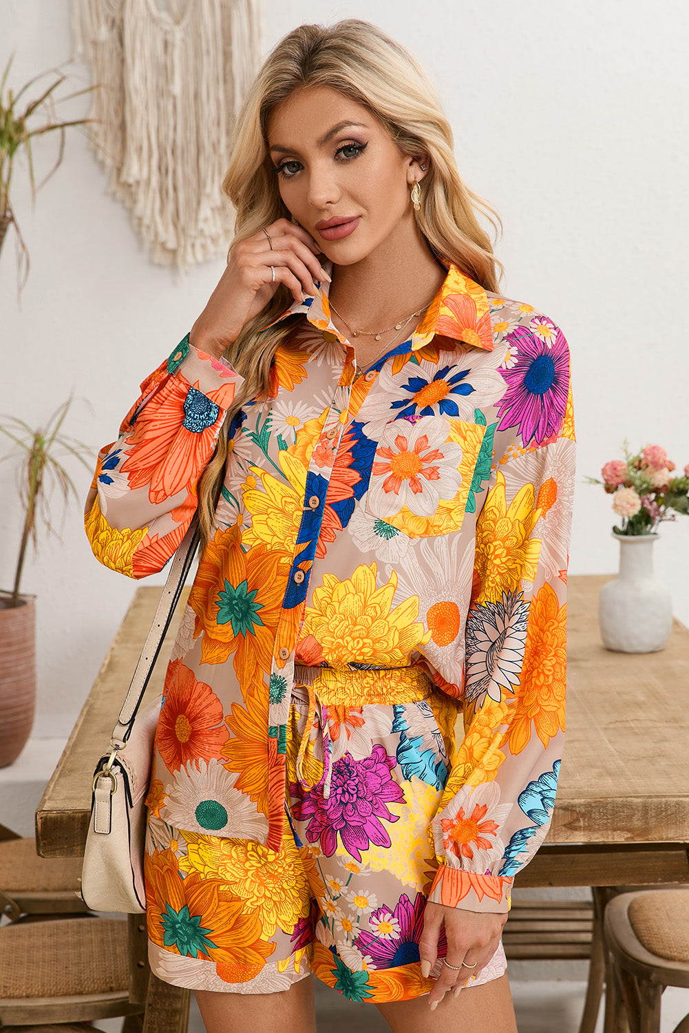 Orange Floral Print Lantern Sleeve Shirt & Drawstring Shorts Set