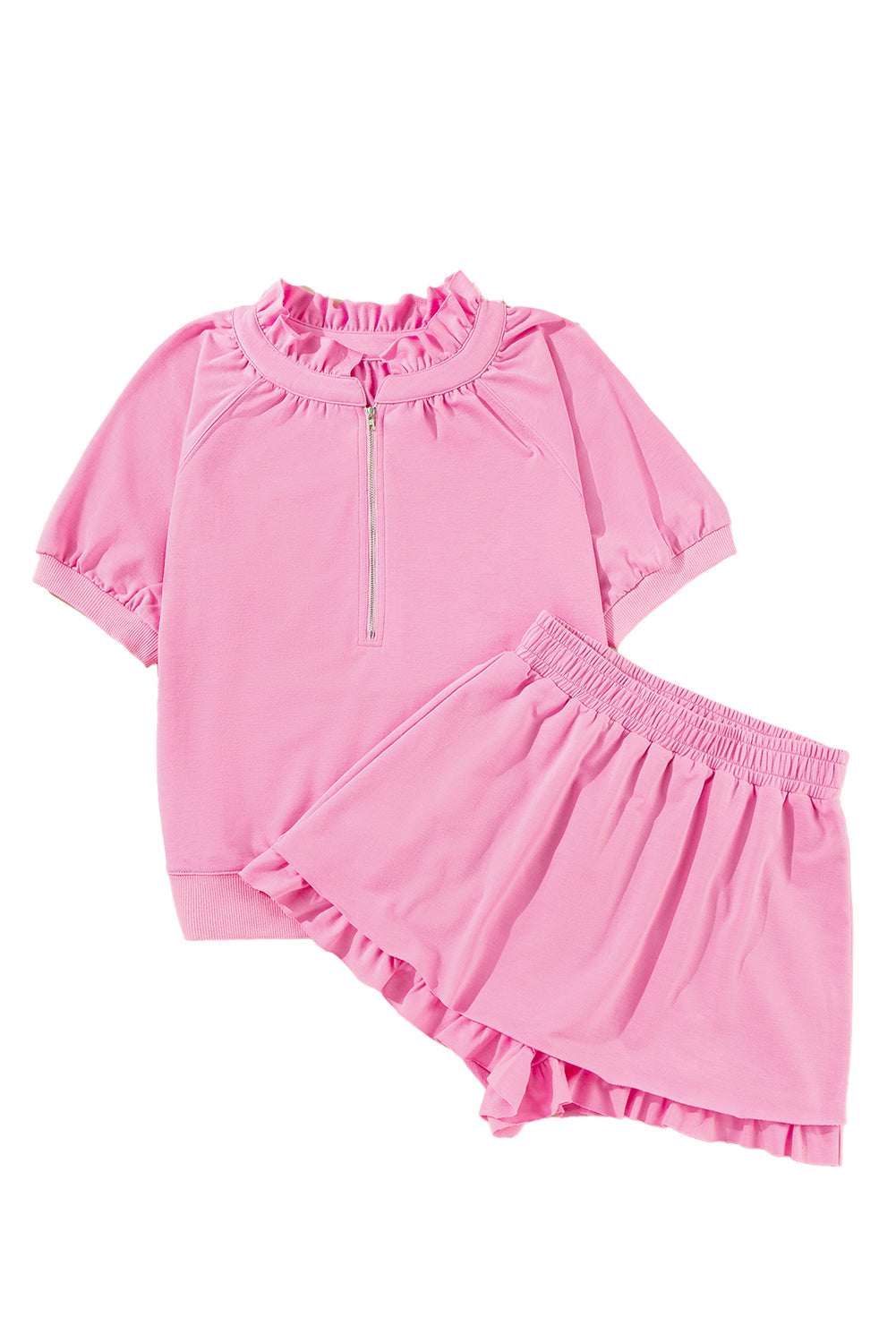 Pink Half Zip Puff Sleeve Top and Ruffle Shorts Set