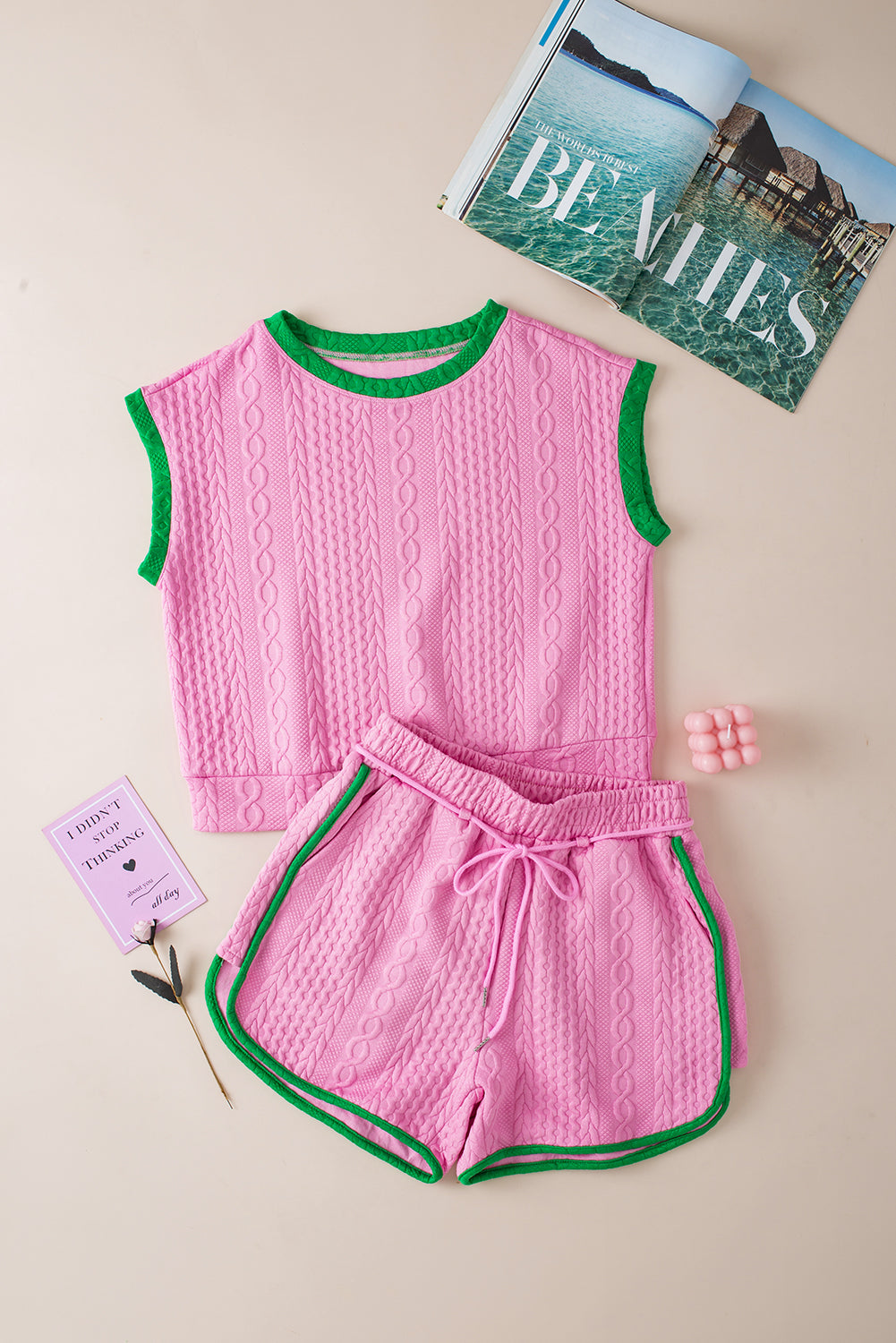 Pink Textured Contrast Trim Tee & Drawstring Shorts Set