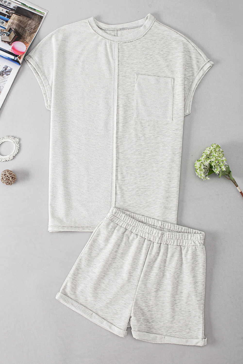 Khaki Exposed Seam Chest Pocket Tee and Shorts Set