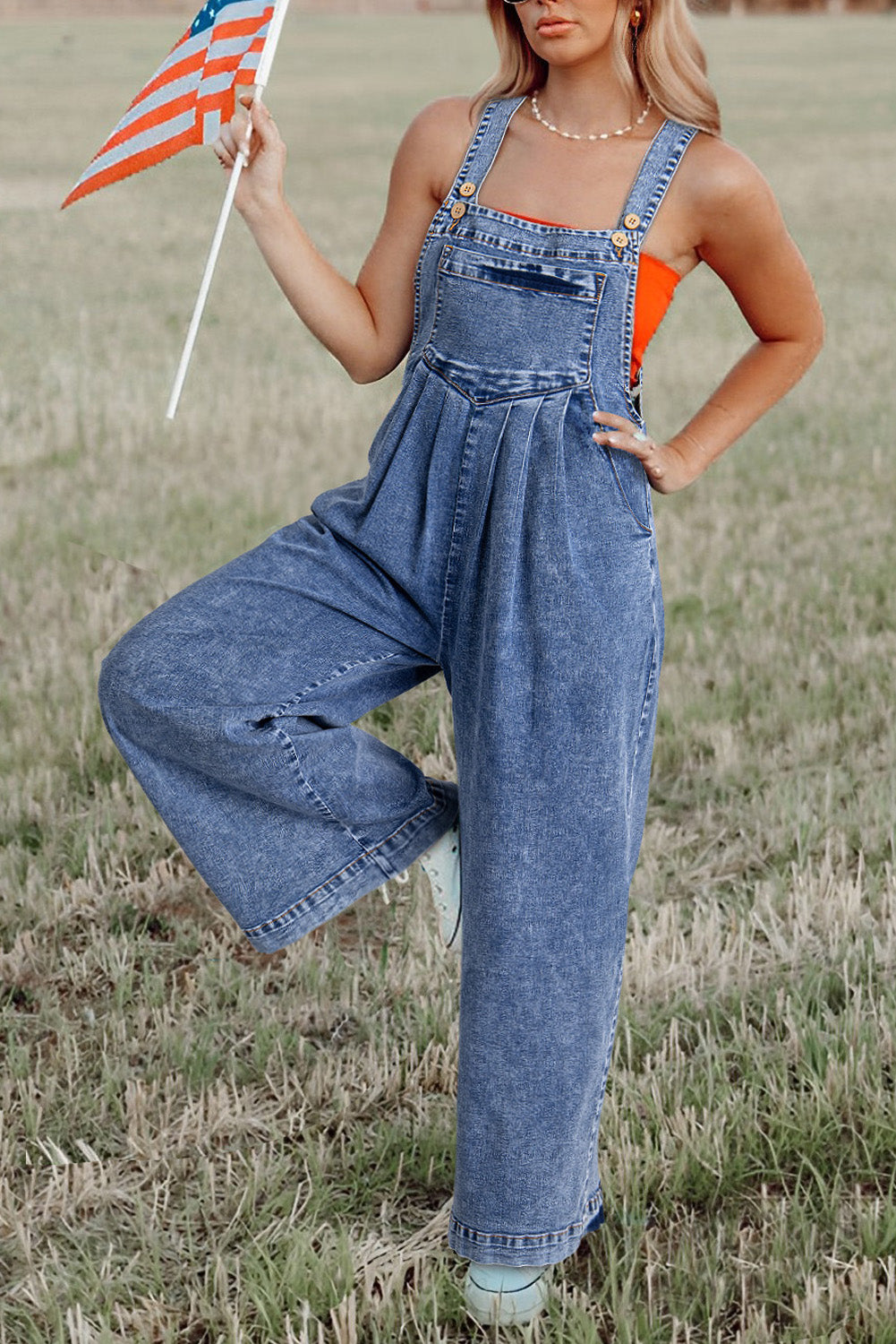 Light Blue Mineral Wash Button Straps Wide Leg Denim Overalls