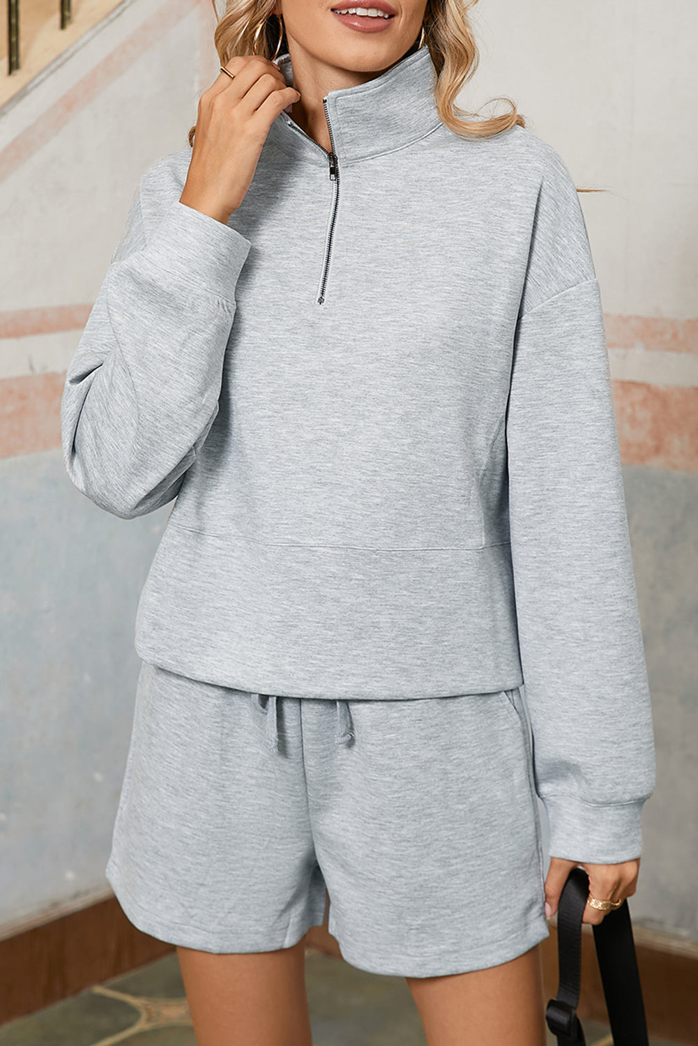 Light Grey Plain Quarter-Zip Pullover Top and Shorts Set