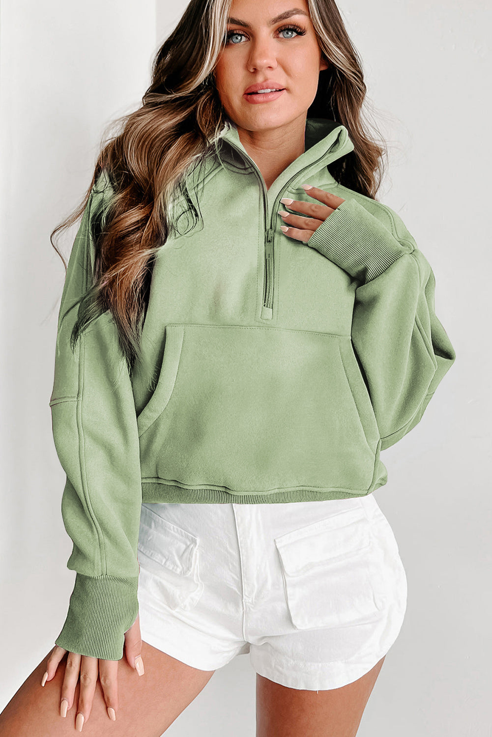 Smoke Green Zip Up Stand Collar Ribbed Thumbhole Sleeve Sweatshirt