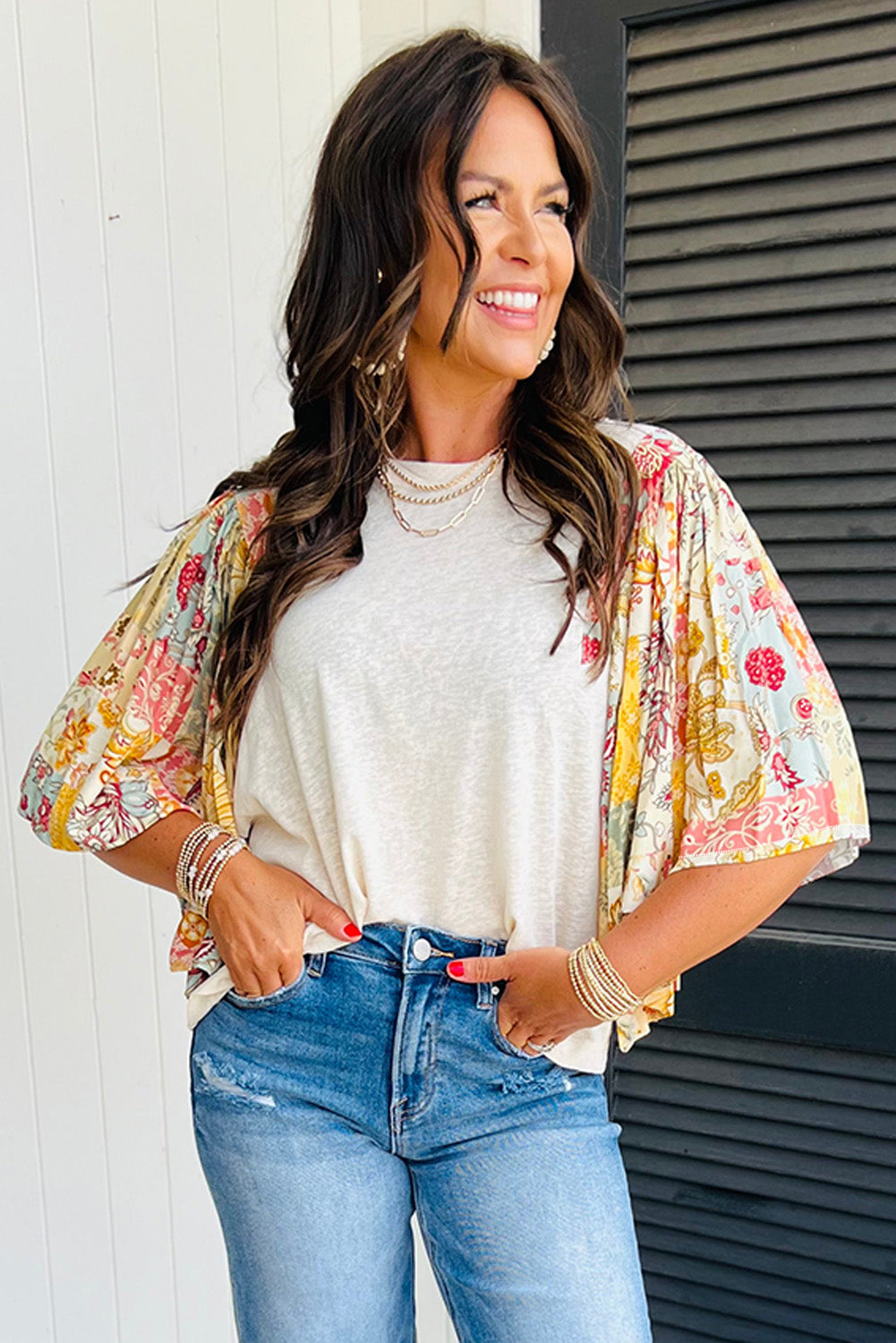 Beige Floral Patchwork Batwing Sleeve Blouse