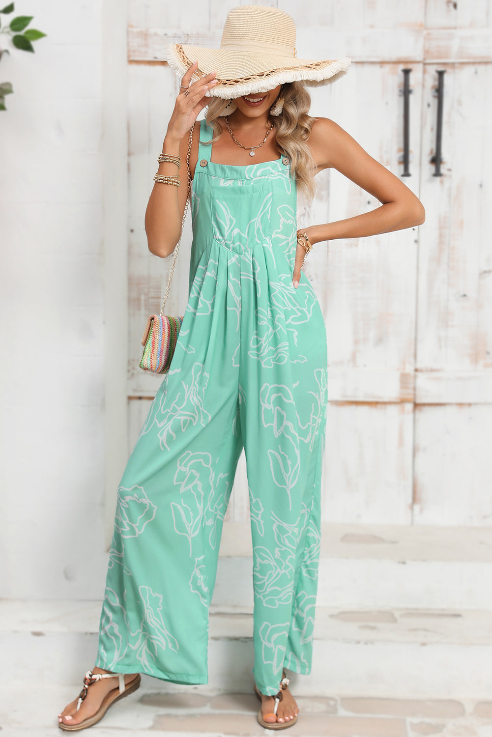 Moonlight Jade Abstract Print Wide Leg Bib Overall