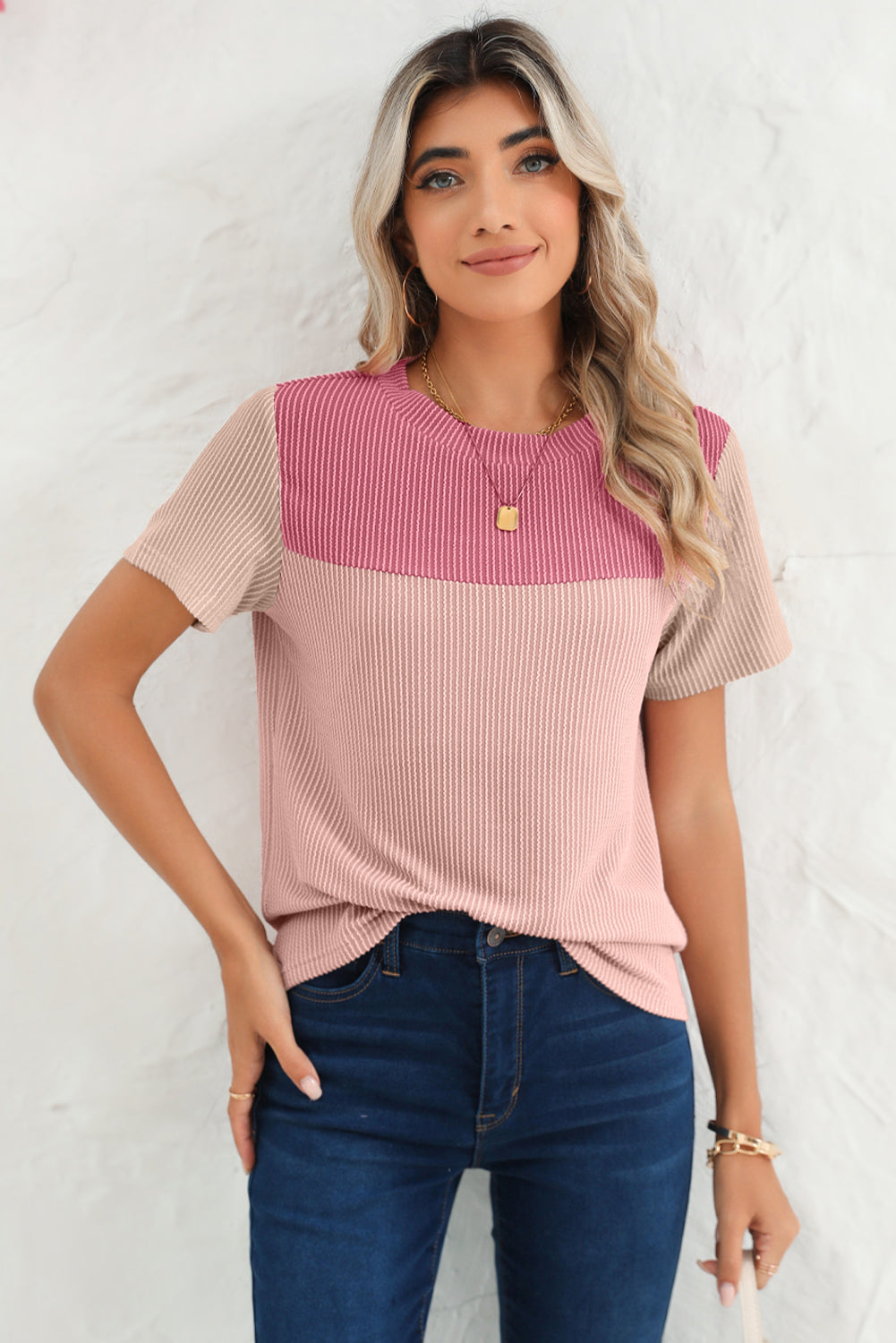 Pink Crinkle Rib Textured Colorblock T Shirt