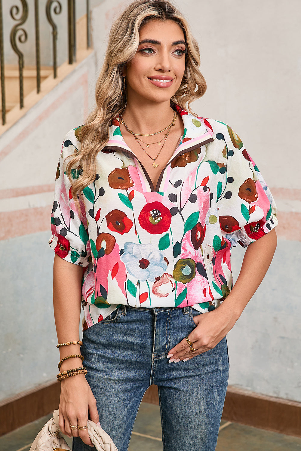 Light Blue V-Neck Floral Print Boho Blouse