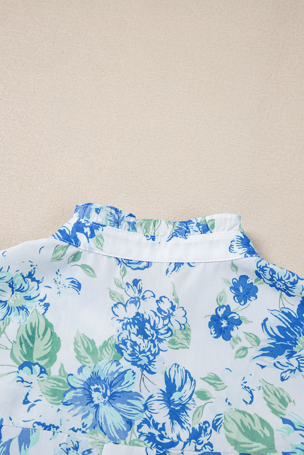 Sky Blue Floral Print Ruffle Sleeve Frill Shirt