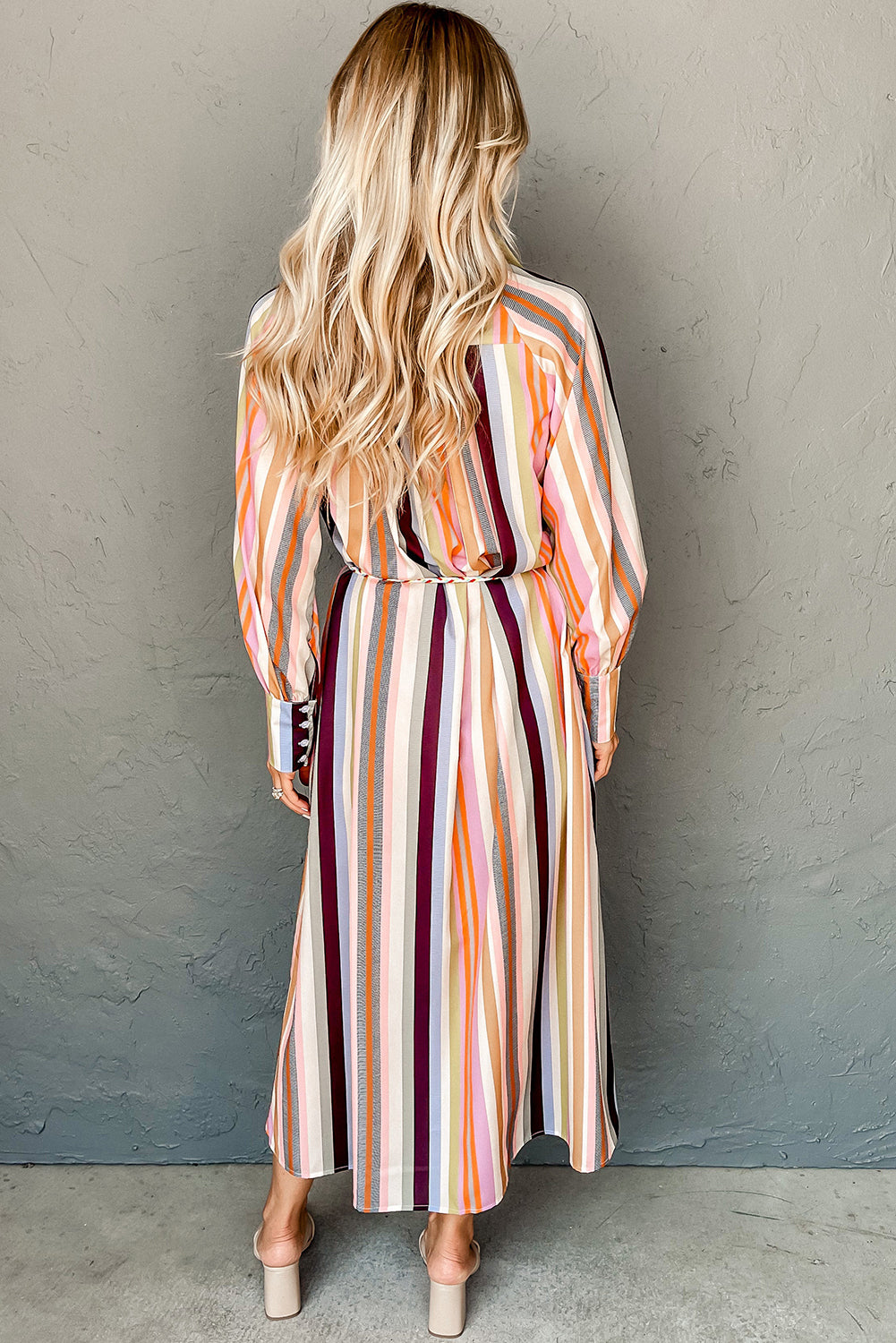 White Colorful Striped Cuffed Sleeve Tassel Tie Maxi Dress