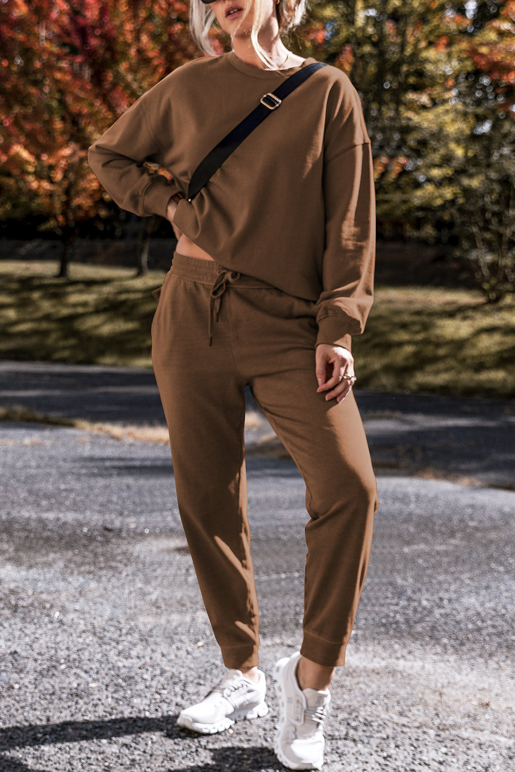 Coffee Solid Color High Low Pullover and Pants Set