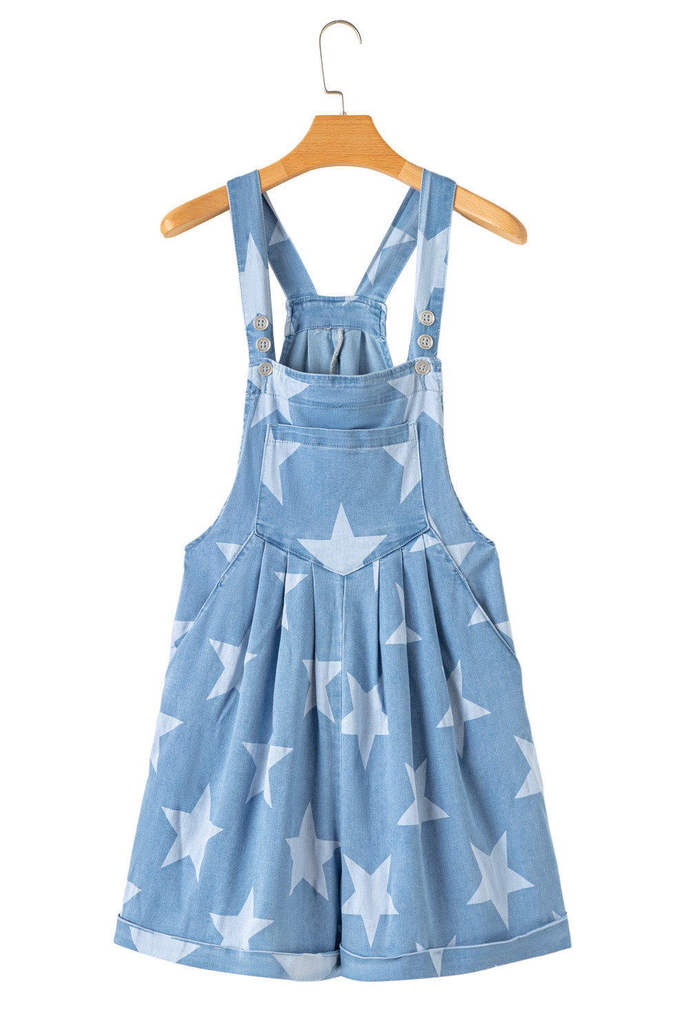 Light Blue Star Printed Buttoned Straps Pocketed Denim Romper