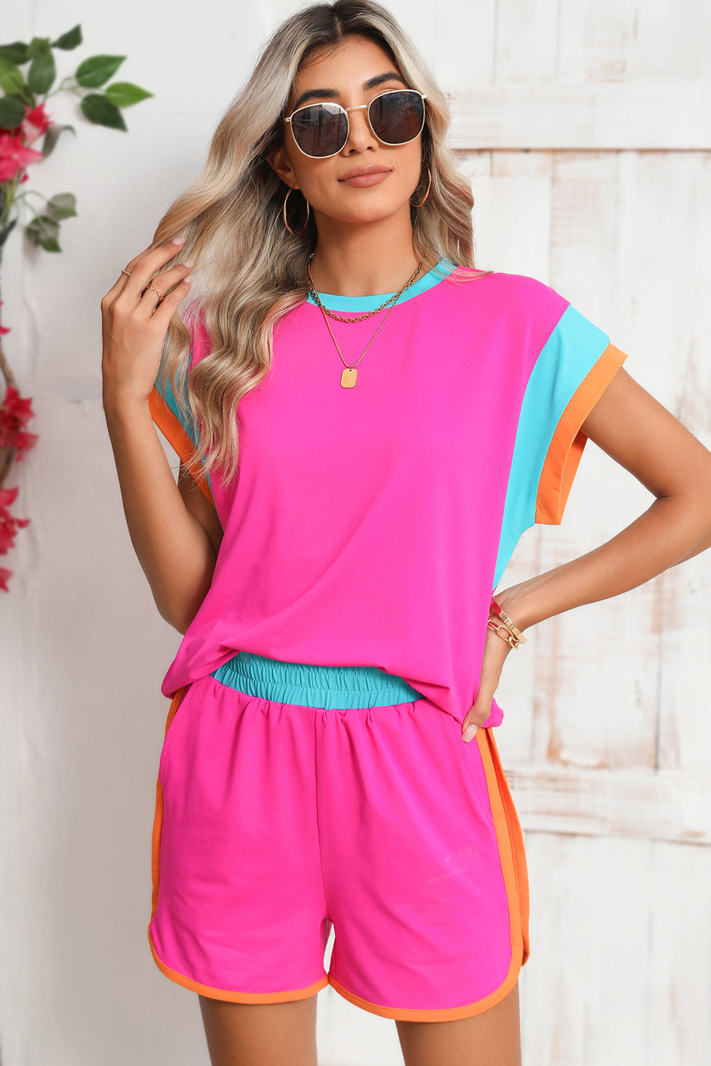 Black Color Block Loose Fit Top and Elastic Waist Shorts Set