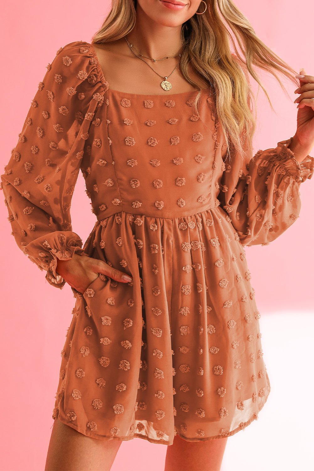 Orange Swiss Dot Square Neck Long Sleeve High Waist Romper