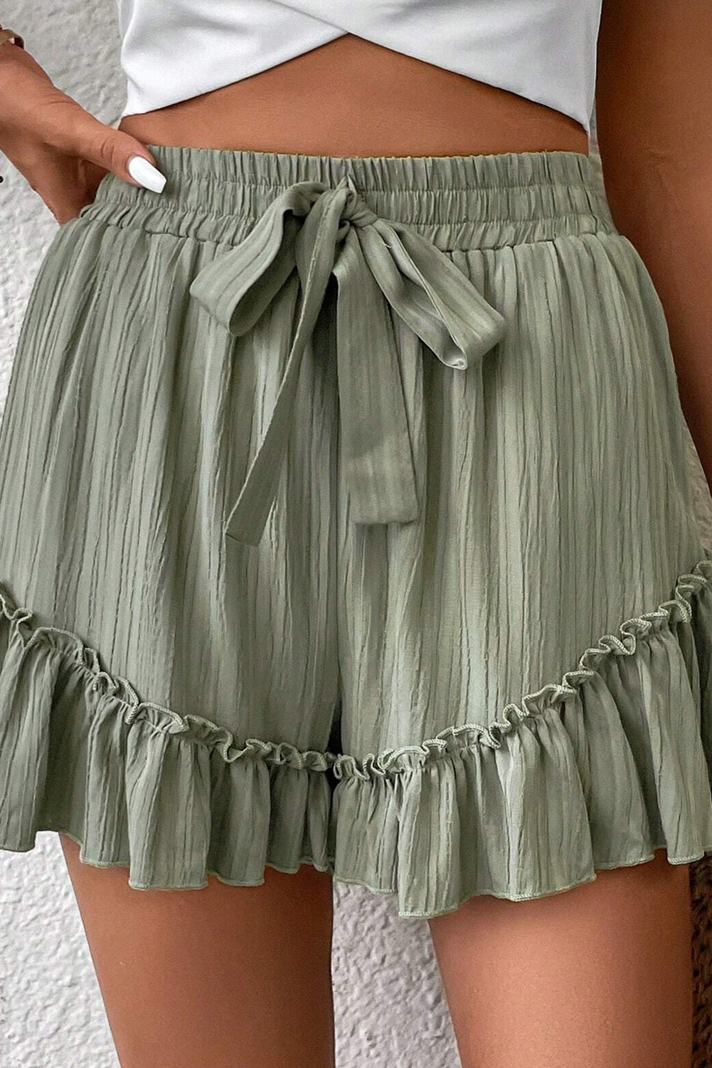 Laurel Green Textured Tie Waist Ruffle Hem Shorts