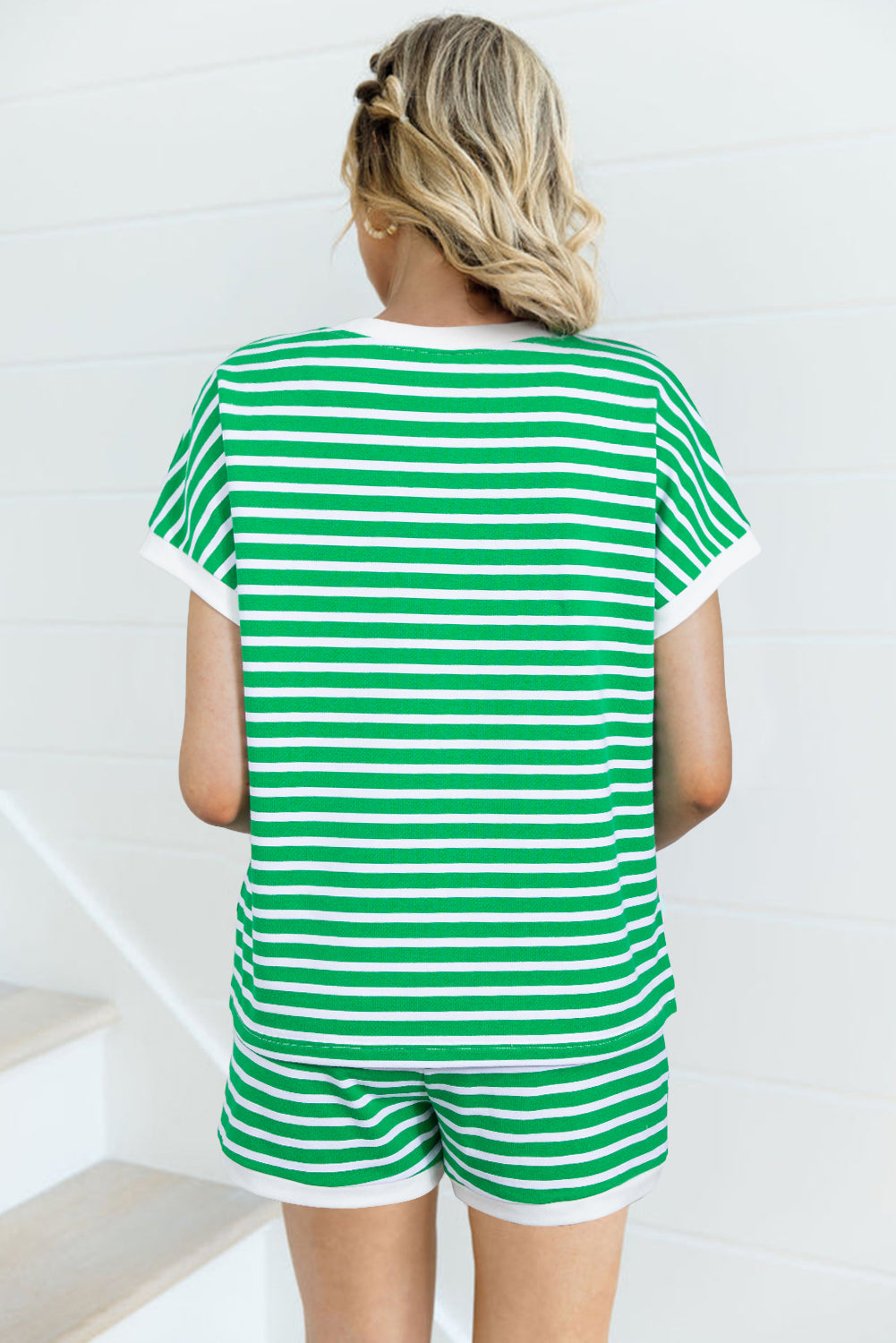 Dark Green Striped Short Sleeve Tee and Shorts Set