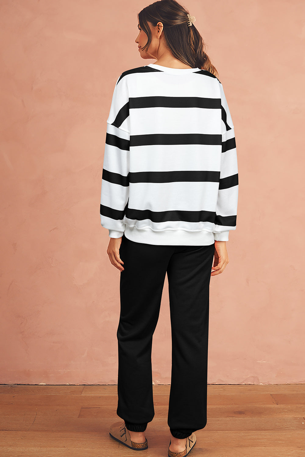 Black Striped Drop Shoulder Pullover and Joggers Set