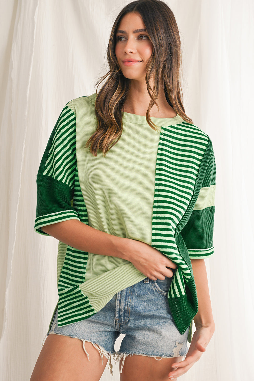 Mint Green Striped Patchwork Half Sleeve T Shirt