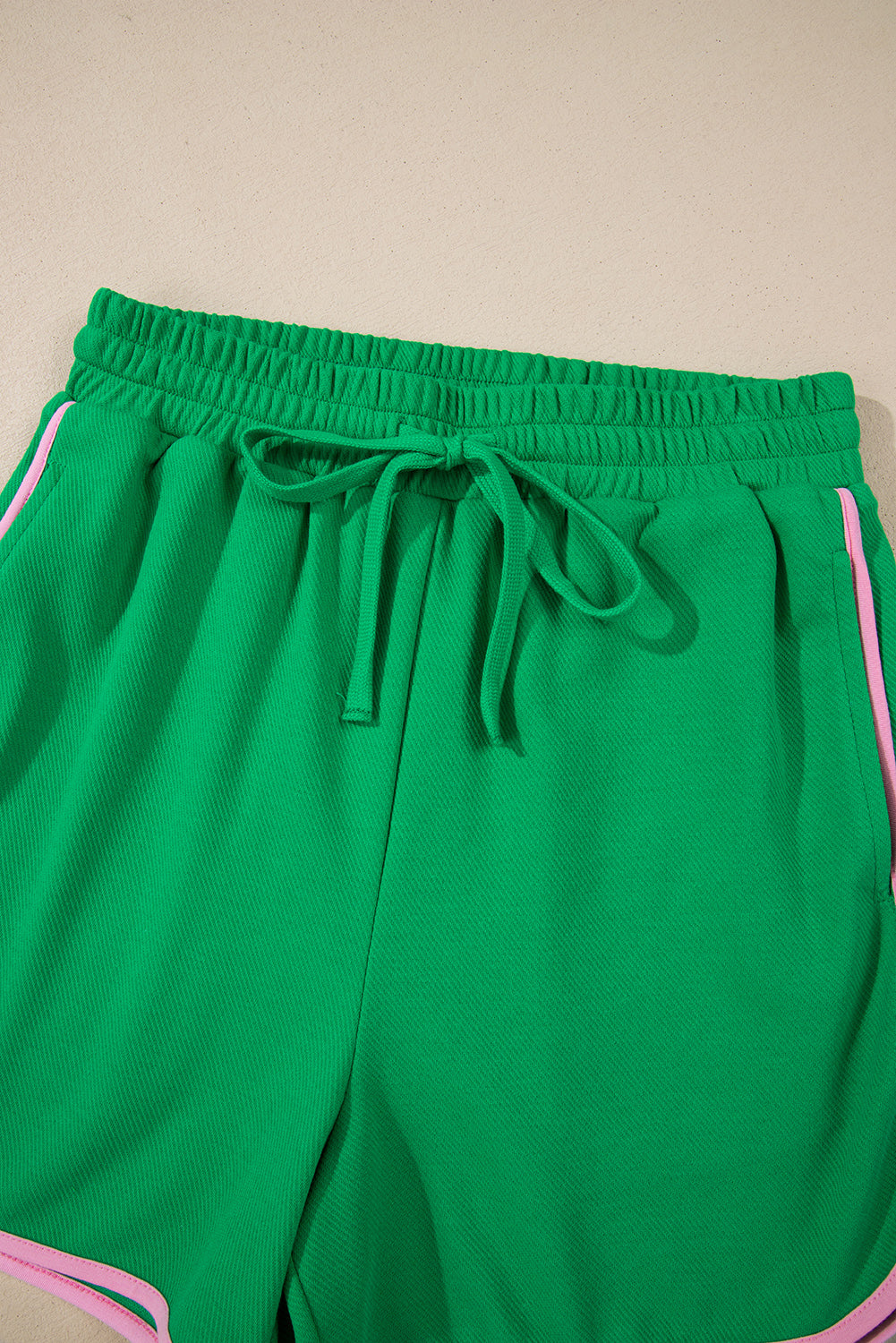 Bright Green Two Tone Contrast Trim Textured Tee and Shorts Set