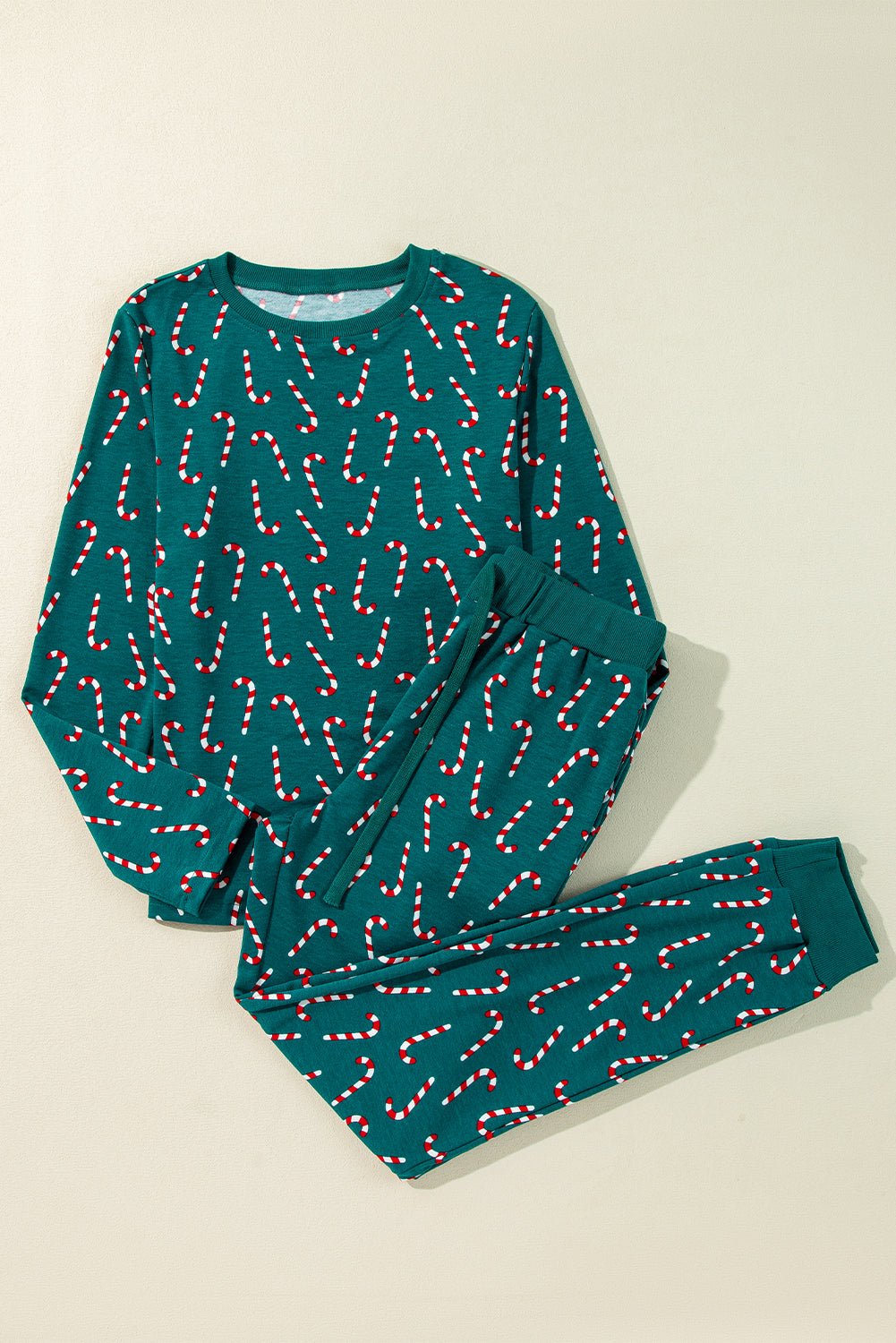 Green Christmas Candy Cane Printed Top and Pants Loungewear Set