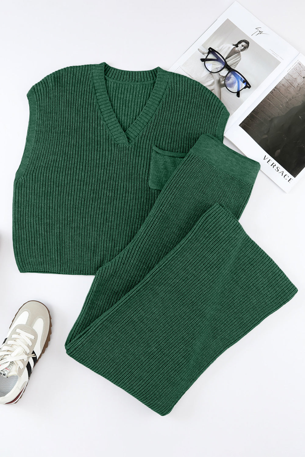 Green Knitted V Neck Sweater and Wide Leg Pants Set