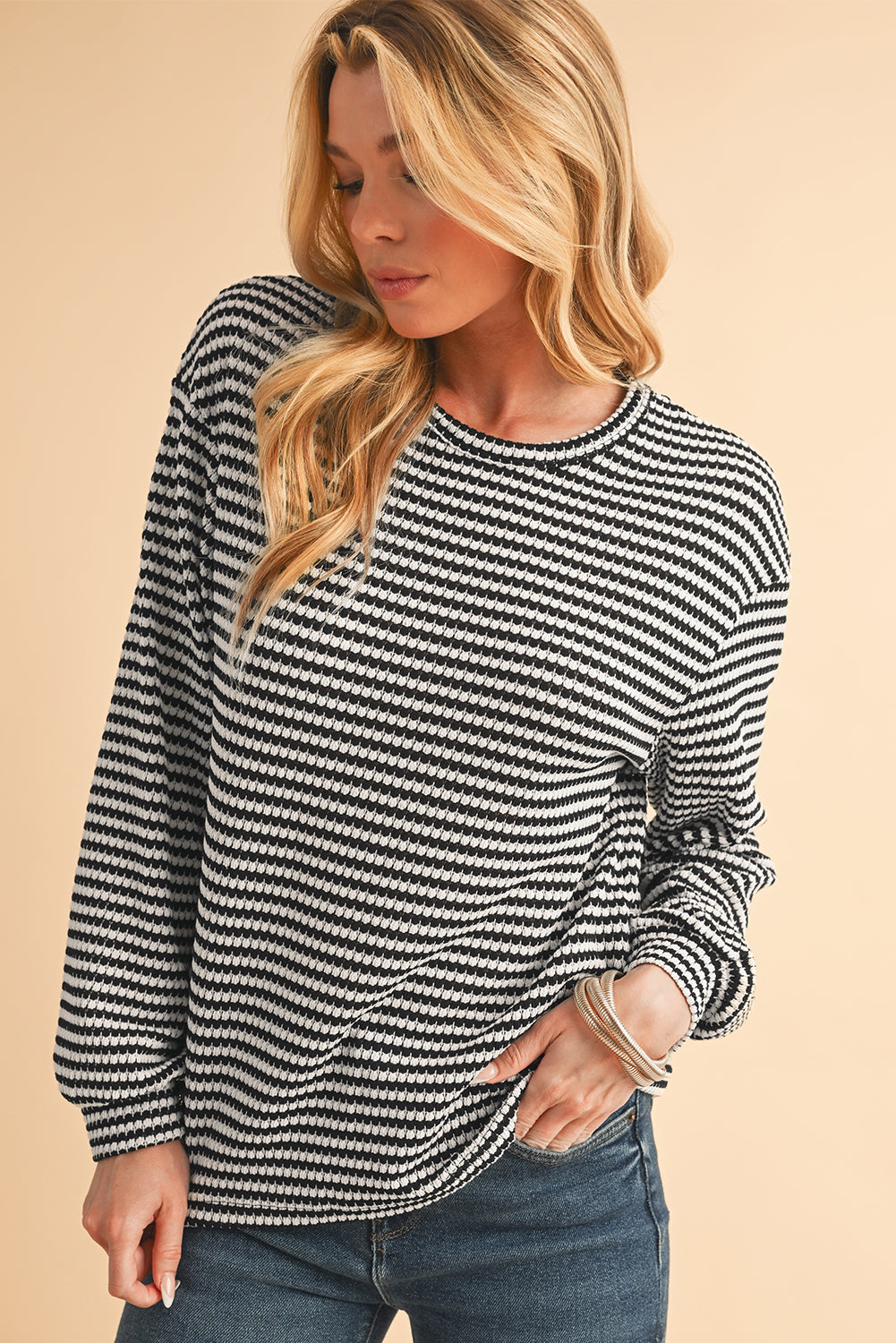 Black Striped Round Neck Drop Shoulder Long Sleeve Top