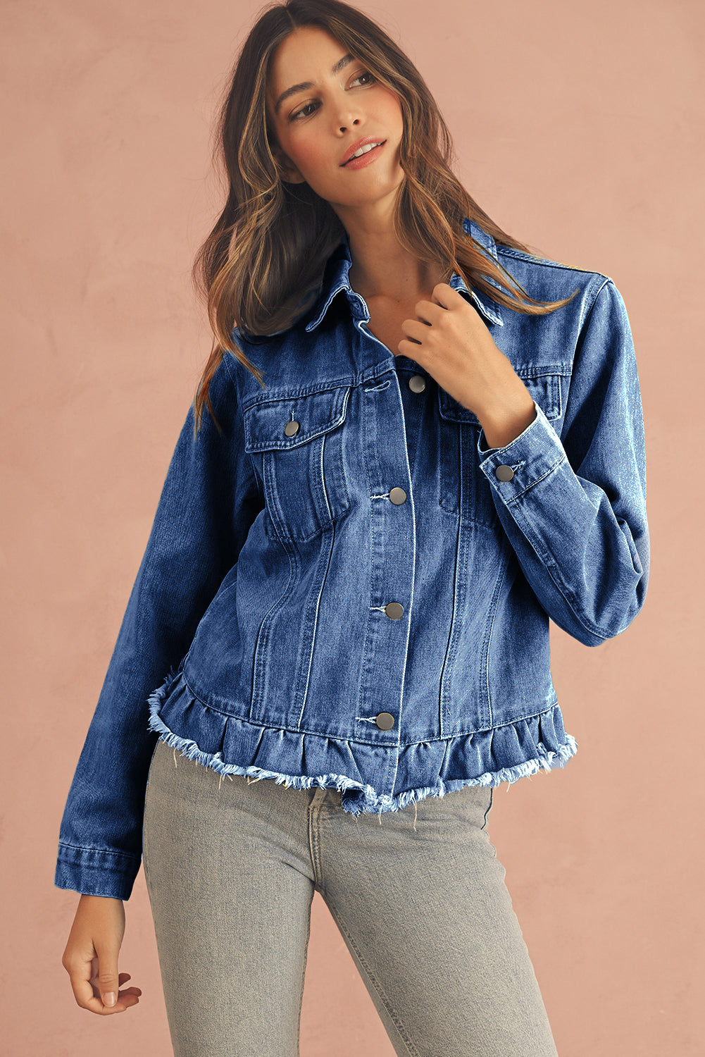 Navy Blue Ruffle Raw Hem Flap Pockets Denim Jacket