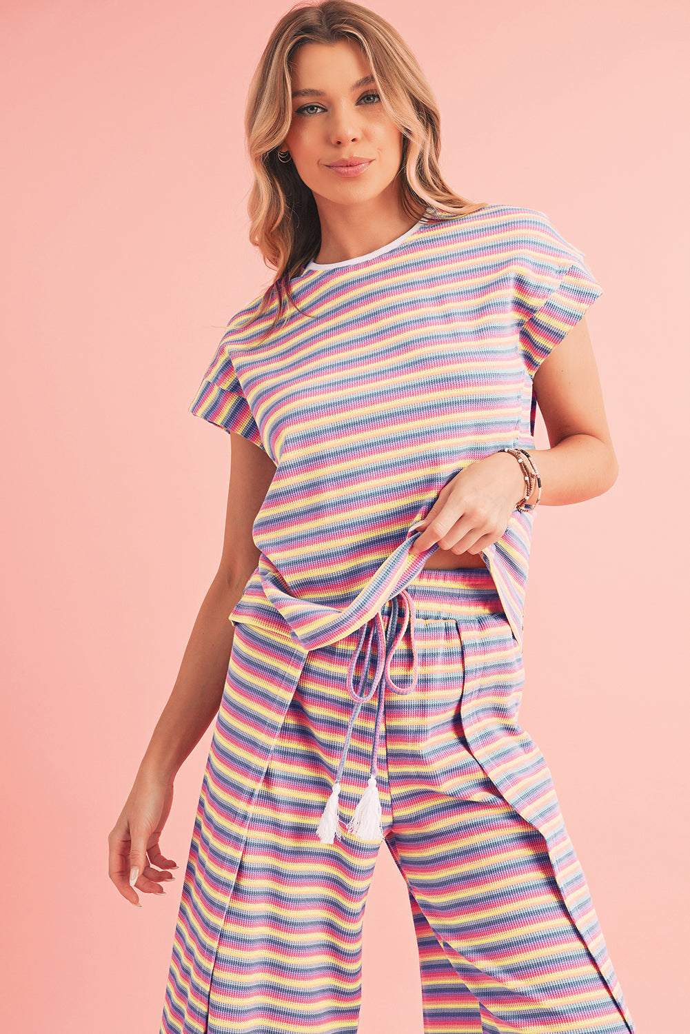 Black Stripe Rainbow Tee and Tassel Drawstring Wide Leg Pants Set