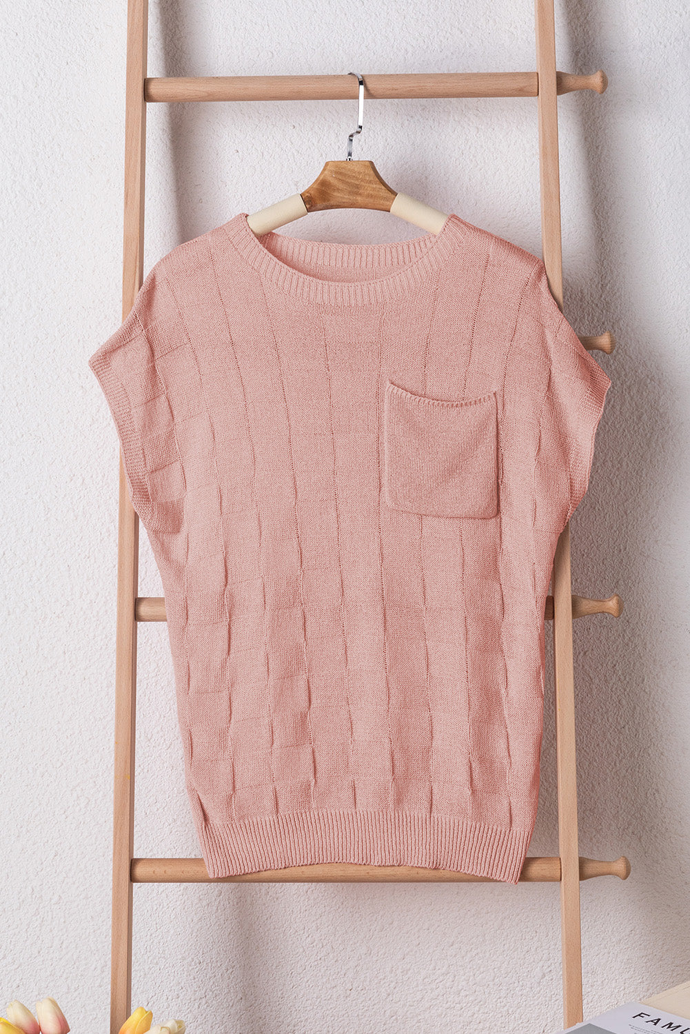 Bright Pink Lattice Textured Knit Chest Pocket Loose Top