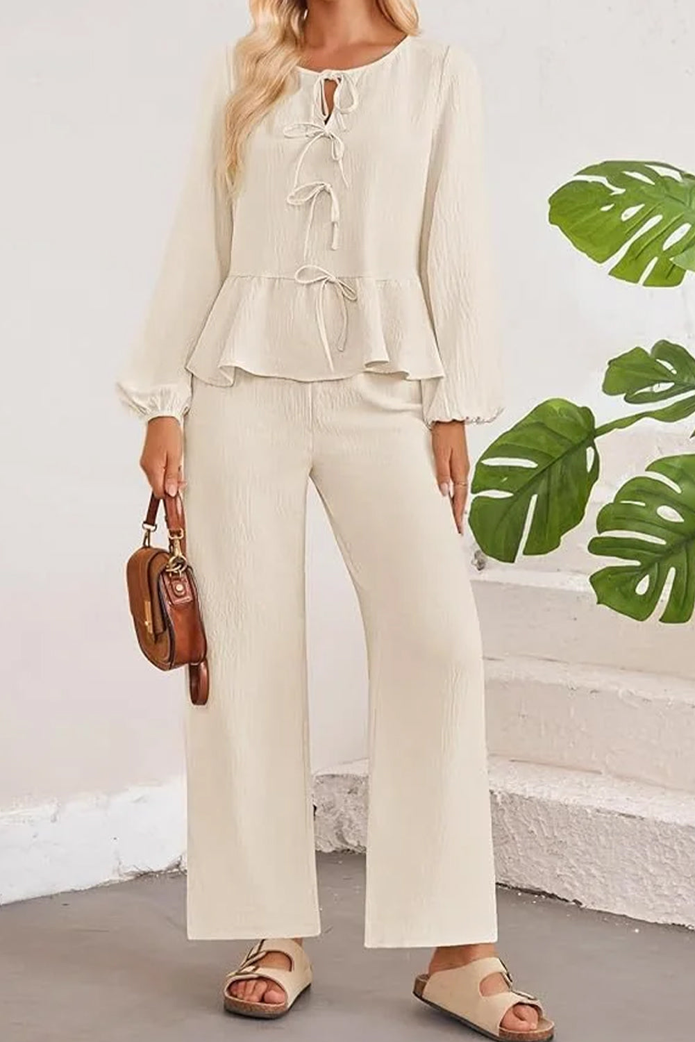 White Solid Color Front Tie Long Sleeve Top And Wide Leg Pant Set