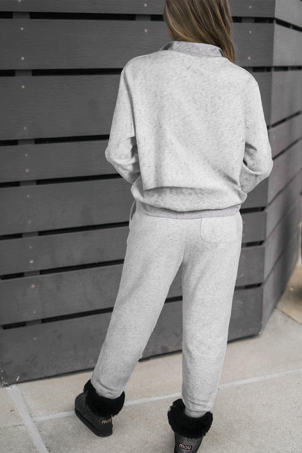 Light Grey Solid Zip Pullover Top and Drawstring Joggers Set