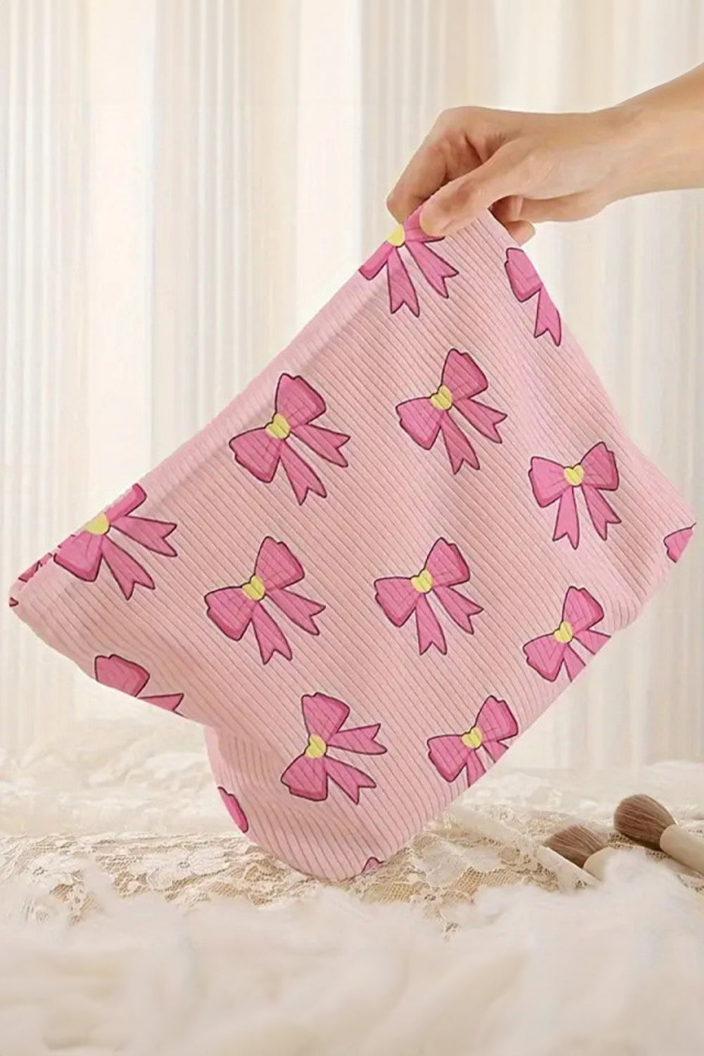 Pink Bow Print Corduroy Zipper Makeup Bag