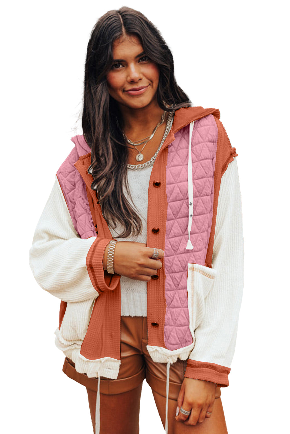 Beige Quilted Textured Patchwork Hooded Jacket