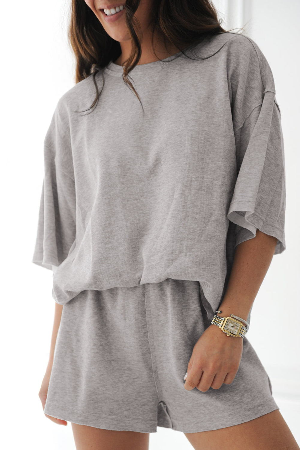 Gray Solid Color Short Sleeve Tee High Waist Shorts Set