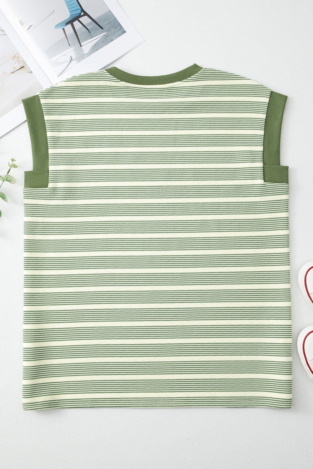 Green Striped Casual Contrast Trim Tee