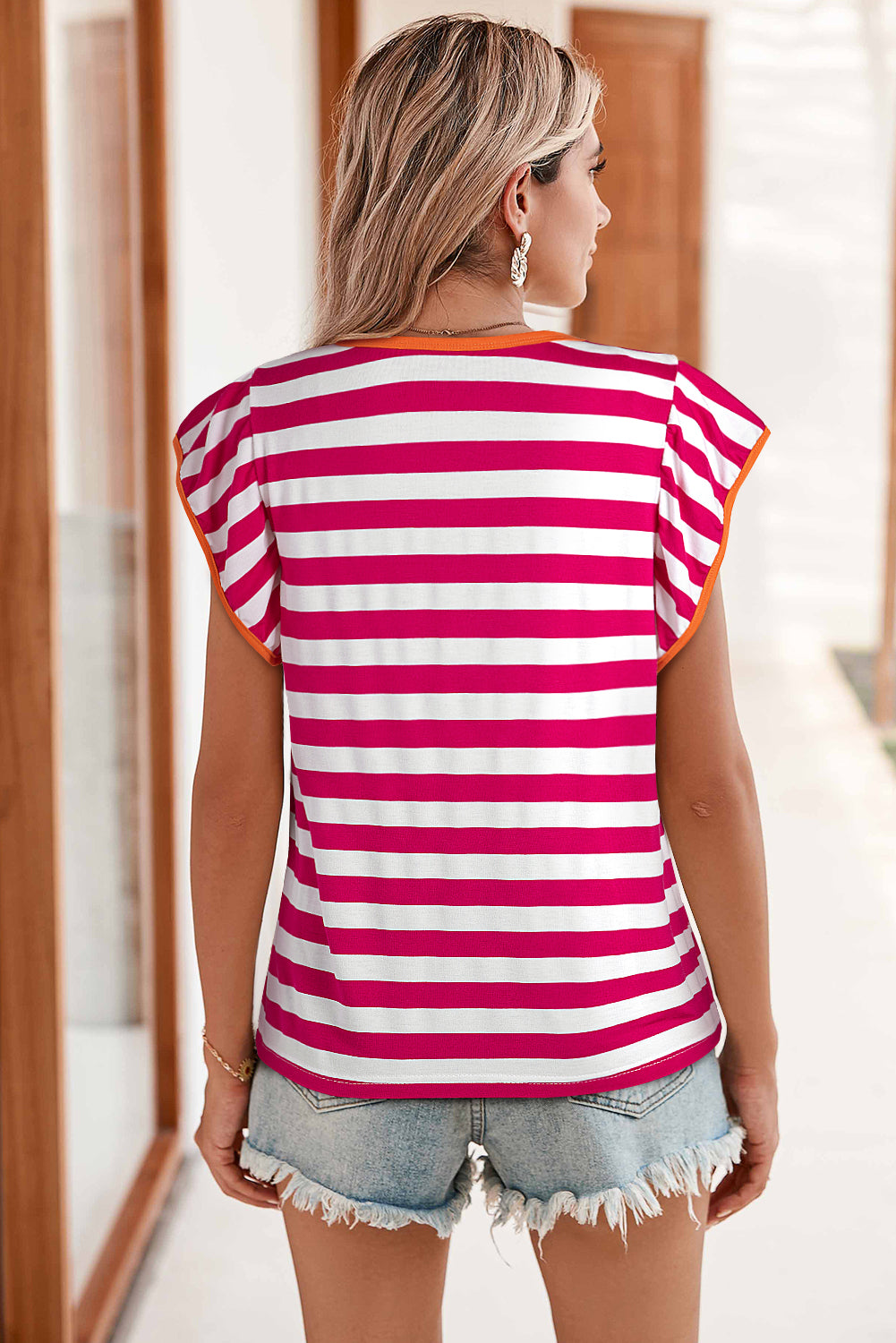 Rose Red Ruffle Sleeve Contrast Trim Striped Tee