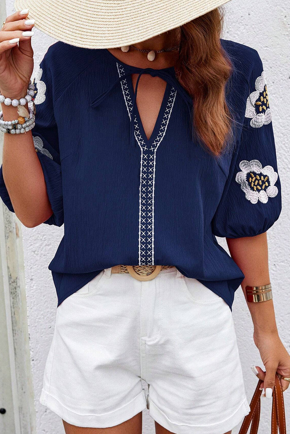 Navy Blue Embroidered Flower V Neck Elegant Half Sleeve Blouse