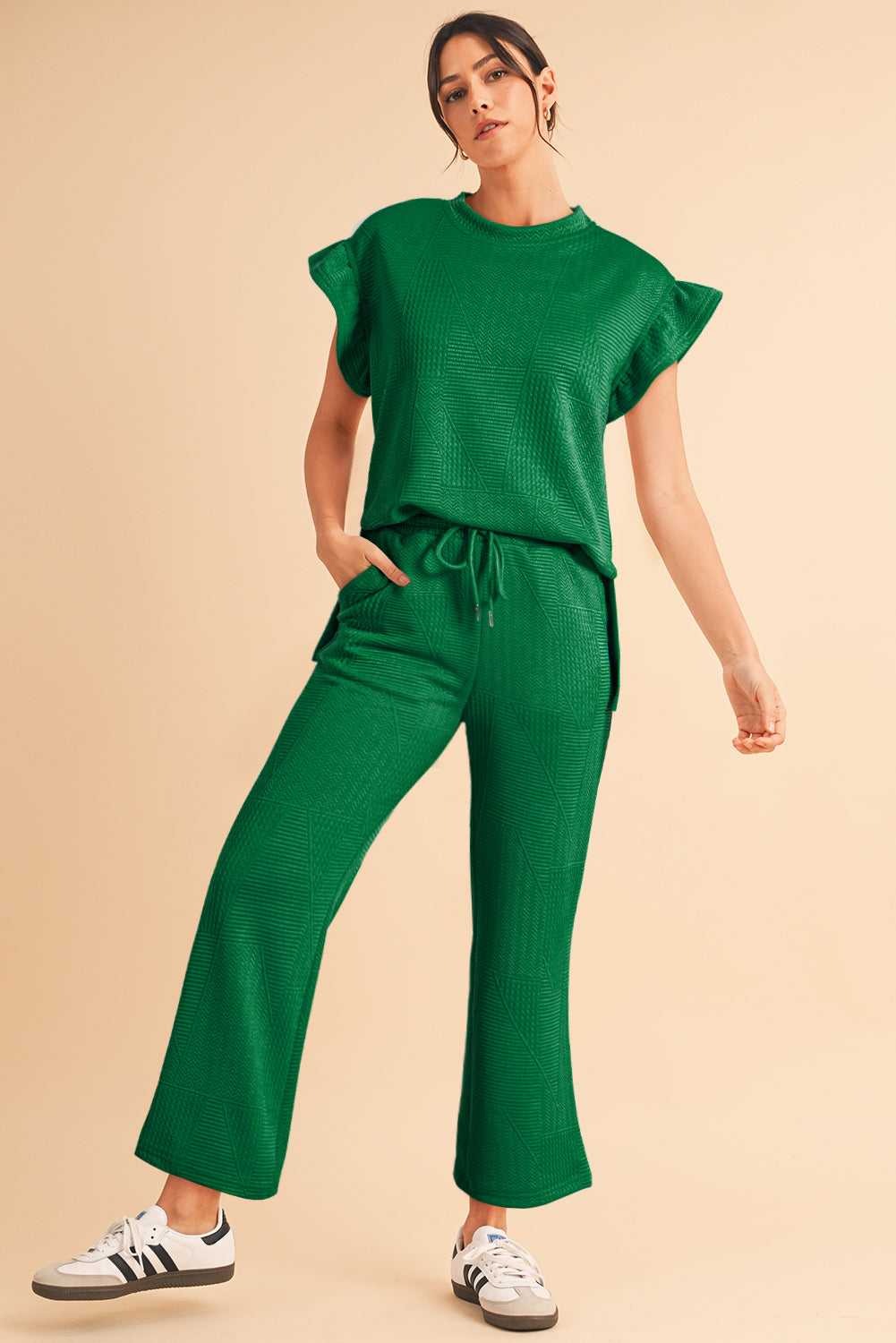 Dark Green Textured Ruffle Summer Top and Drawstring Pants Set