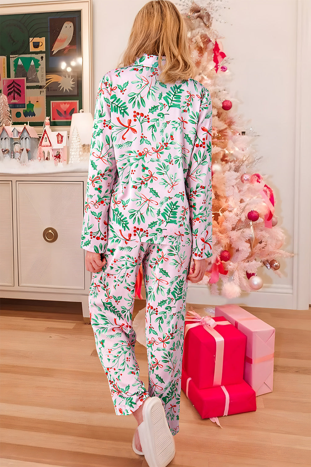 Pink Plants Print Plush Edge Collar Shirt Pants Pajama Set