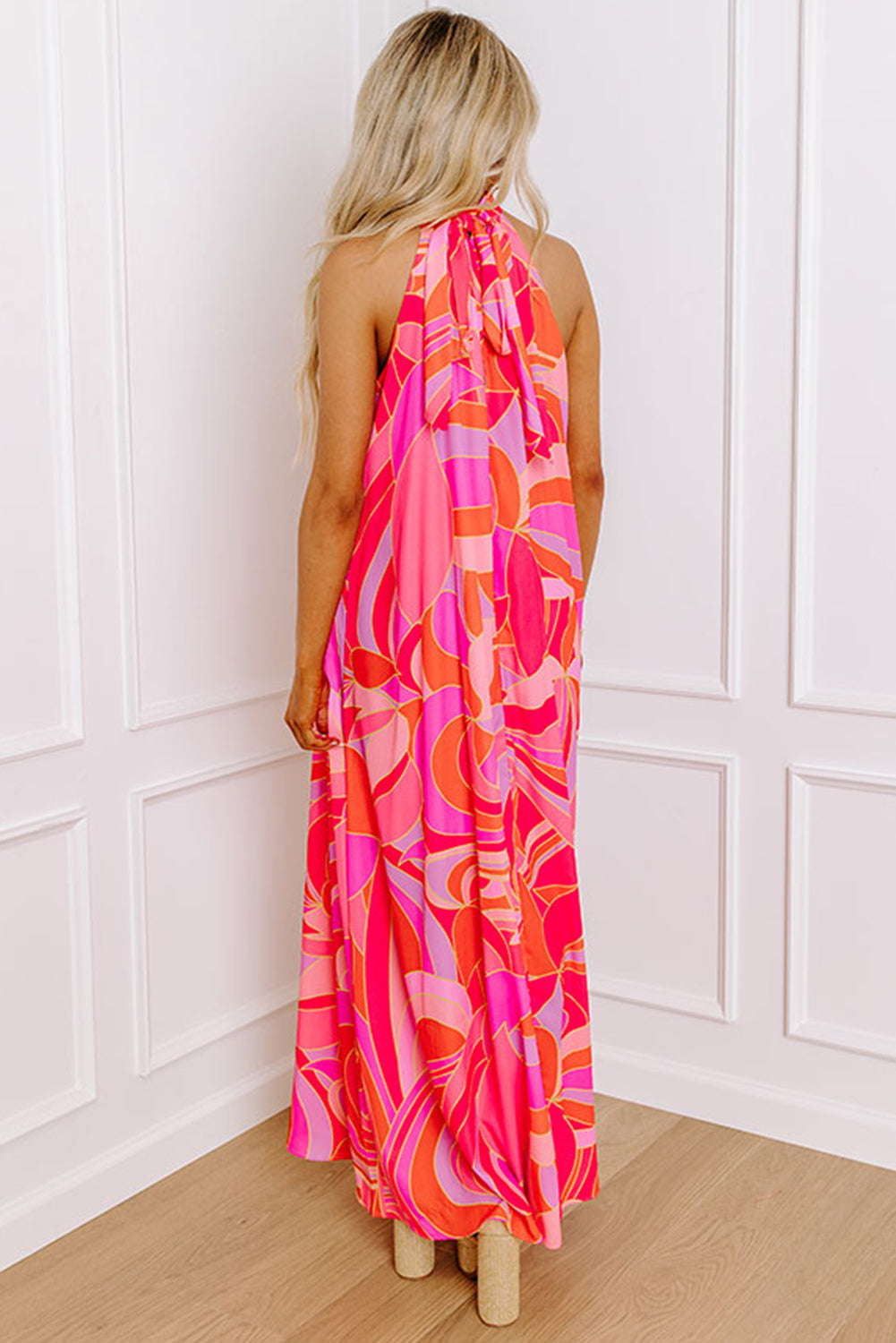 Rose Floral Printed High Neck Knotted Sleeveless Maxi Dress