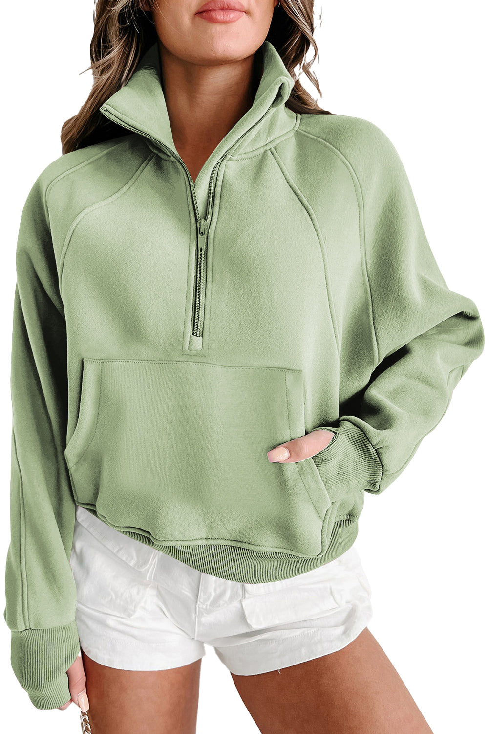 Smoke Green Zip Up Stand Collar Ribbed Thumbhole Sleeve Sweatshirt