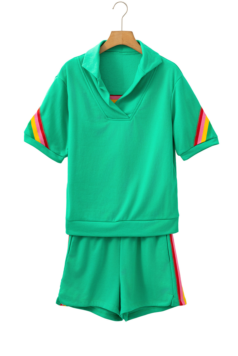 Sea Green Rainbow Colorblock Collared Short Sleeve Top and Shorts Set