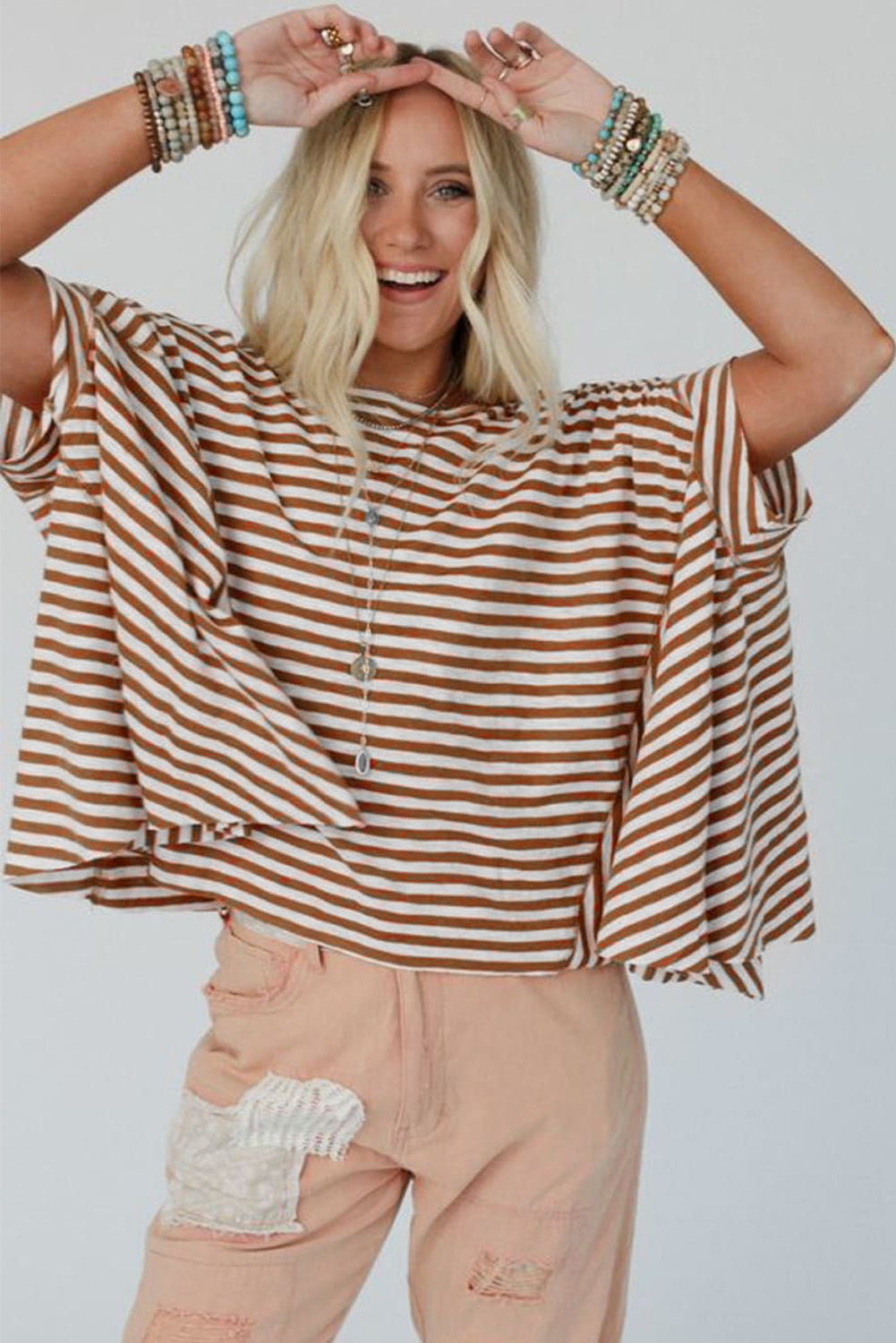 Khaki Striped Batwing Sleeve Oversized Top