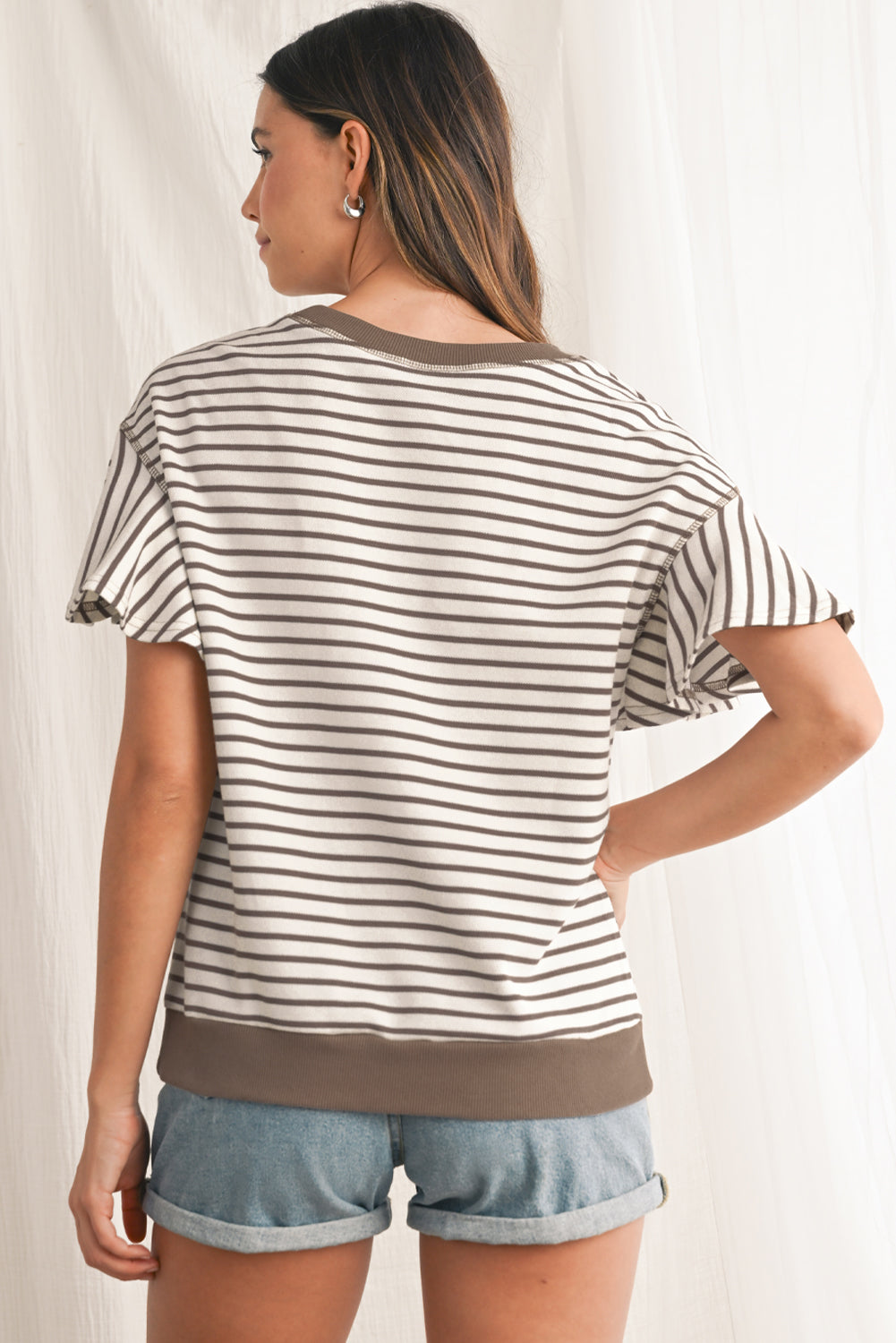 Parchment Striped Ruffle Sleeve Round Neck Top